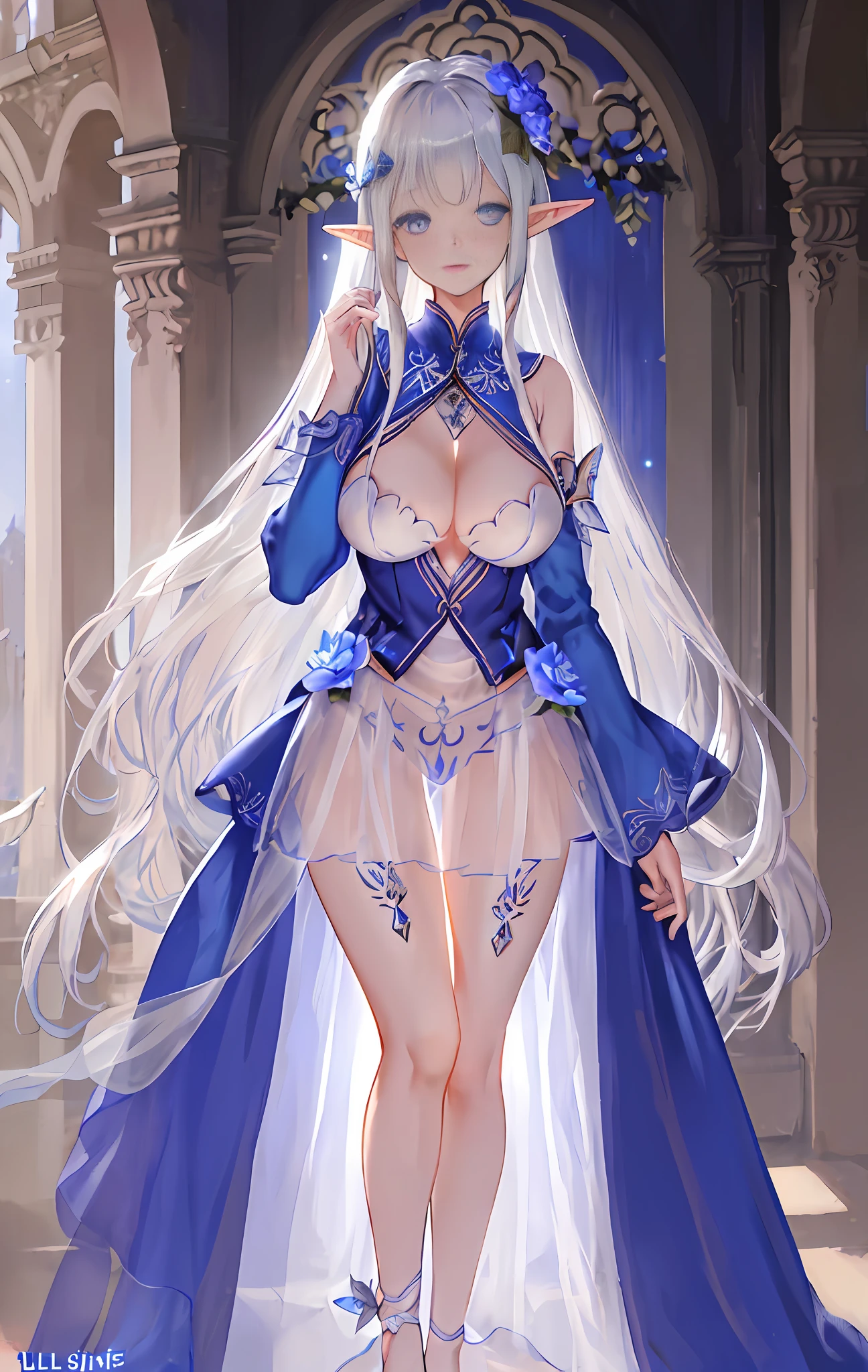 Tall elf goddess, long silver hair, silky and shiny, bright and detailed blue eyes, exposed thighs, legs apart, huge breasts: 1.4, large boobs: 1.4, large breasts: 1.4, magic breasts, pointed elf ears, flowers in hair detailed, see-through, transparent, tulle, light tulle, mesh, (tulle pajamas), high heels, detailed, high resolution, HD 4K 8K, full body