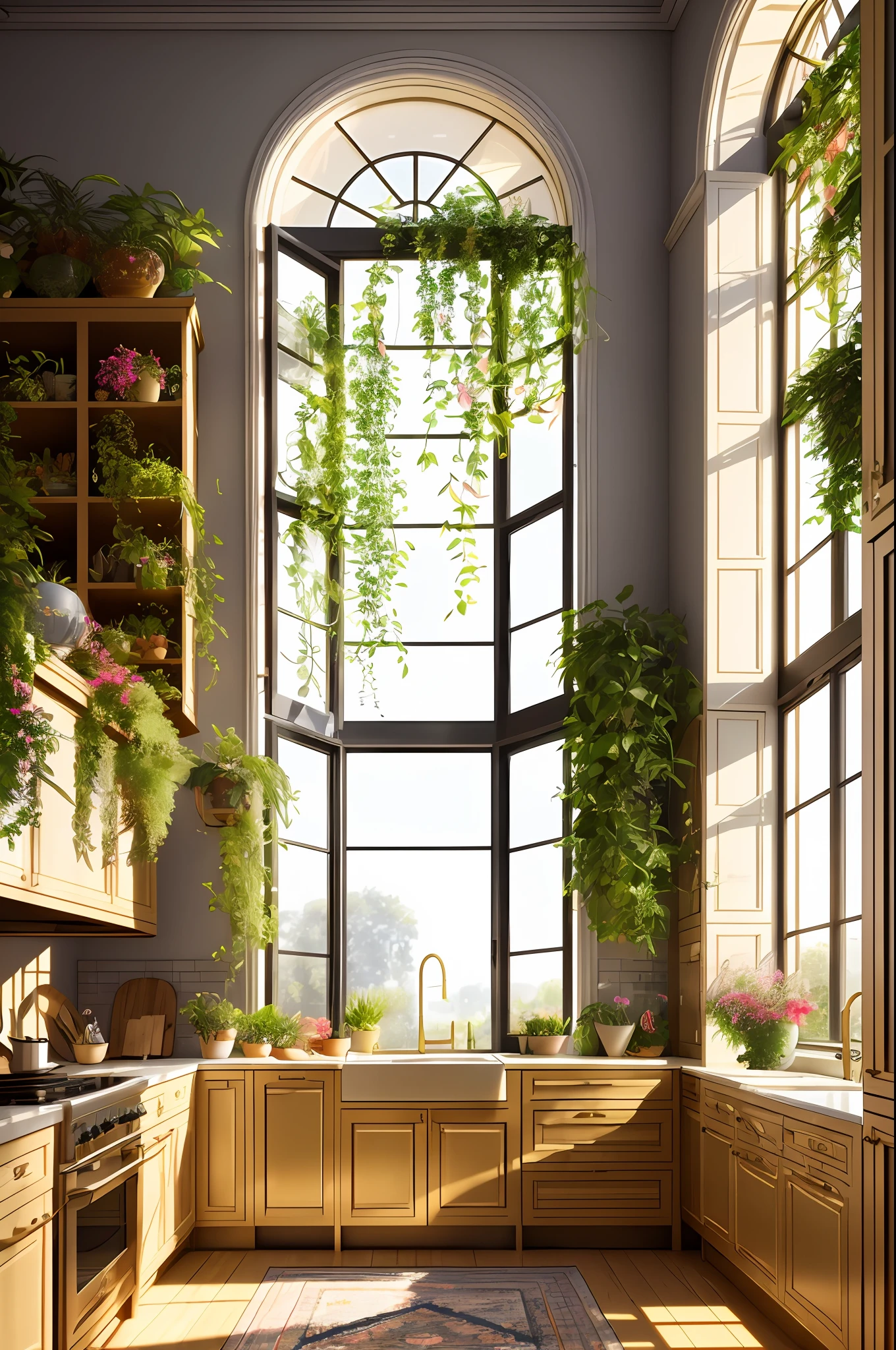 there is a kitchen with a large window and lots of plants, house kitchen on a sunny day, bright window lit kitchen, adorned with all kind of plants, realistic afternoon lighting, 8 k realistic hyper detailed, detailed natural lighting, hyperreal highly detailed 8 k, beautiful natural light, natural window lighting, vibrant volumetric natural light, 8k vray render