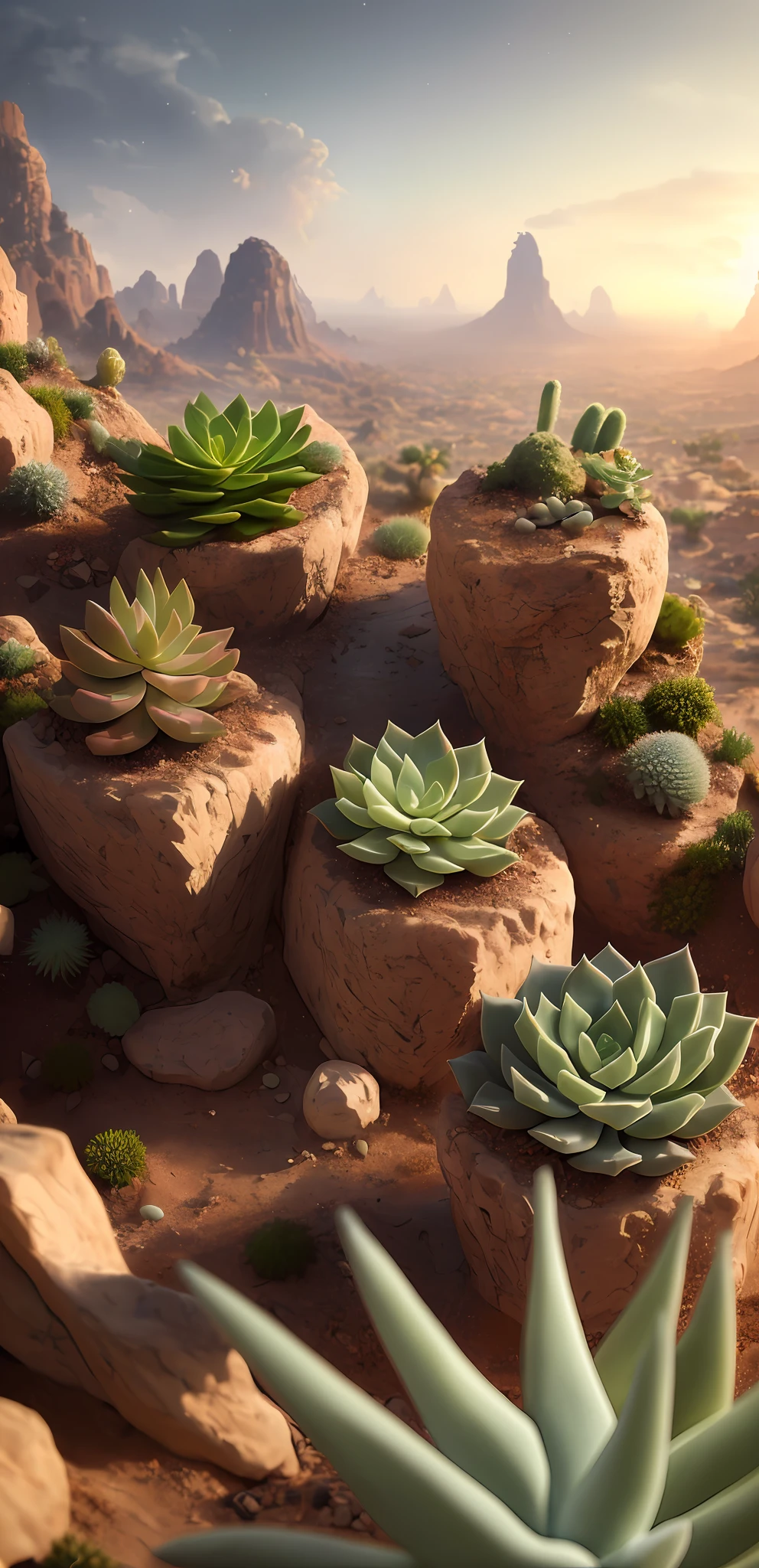 ((masterpiece)), best quality, high quality, ((extremely detailed CG unity 8k wallpaper)), ((close-up of succulents)).dry place like empty desert, dearest, cunning, mo Nohu, hackberry, 3D digital painting, award winning photography, bokeh, depth of field, HDR, bloom, chromatic aberration, photorealism, very detailed, trending on artstation, trending on CGsociety, complex, high detail, dramatic, midjourney art