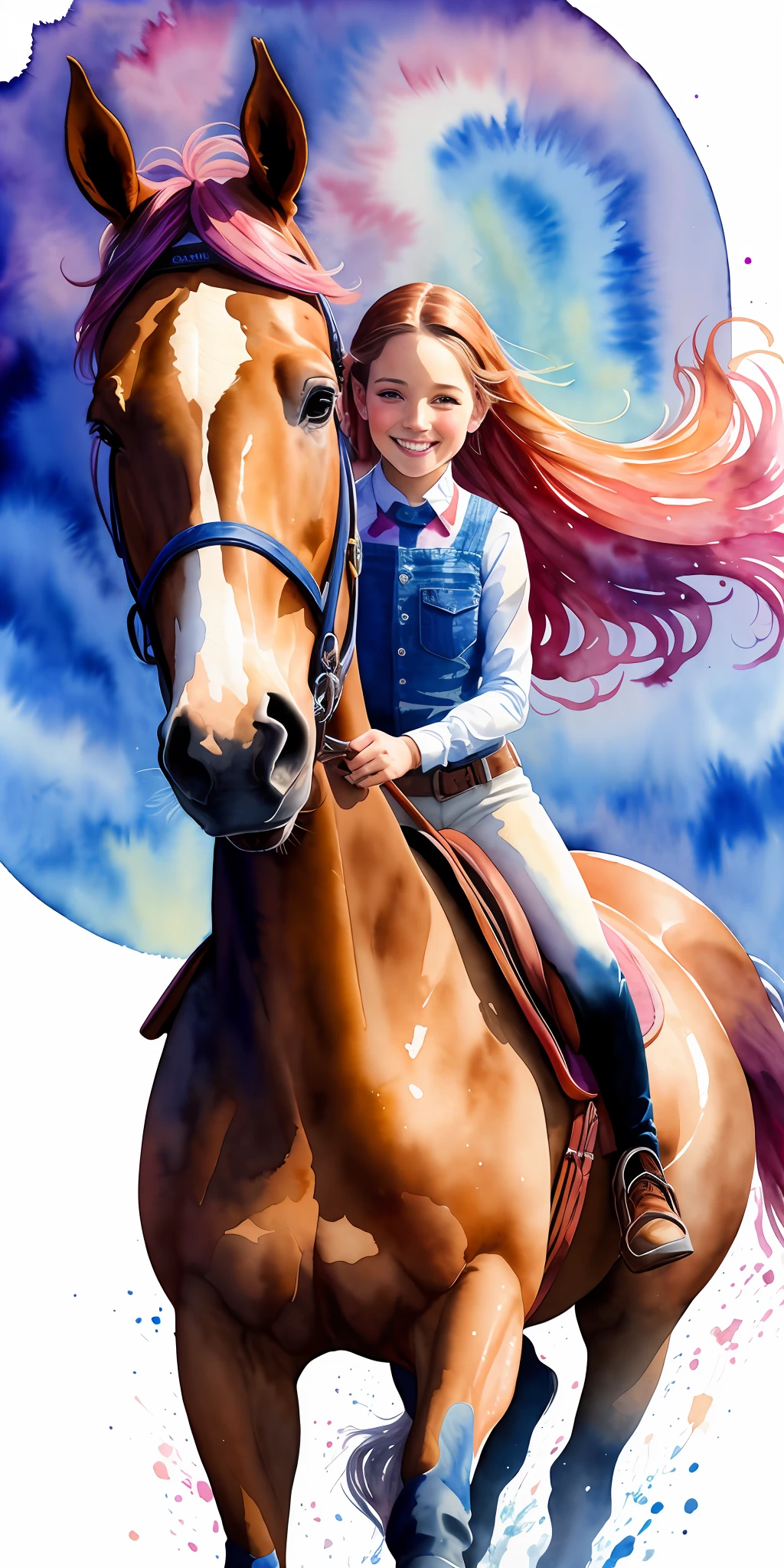 wtrcolor style, digital art (horse character), (show jumping) girl on loashdie, full-length, flowing tail, formal art, frontal, smiling, masterpiece, beautiful, ((watercolor)), face painting, paint splashes, intricate details. Very detailed, detailed eyes, [drip: 0.5], popular on artstation, Rachel Walker.