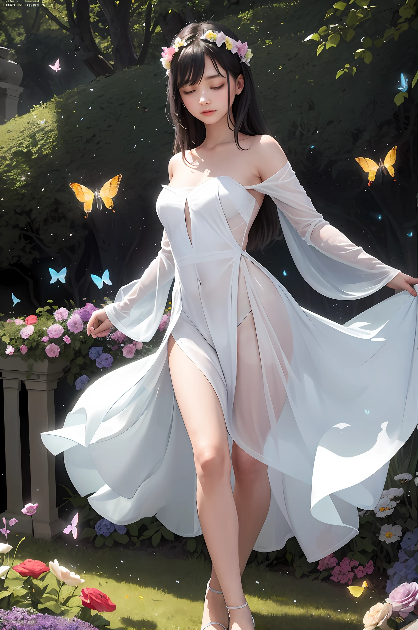 In this whimsical and dreamy garden, scenes are illuminated by rainbows (colorful fireflies) dancing in the air. Soft (drizzle) adorns the garden, creating a hazy and ethereal atmosphere. In the center of the picture, there stands a single girl, an extremely delicate girl, with cute facial features and an innocent expression. Her long hair fluttered in the wind. She wears an ultra-low-cut strapless dress that accentuates her curves. The lighting is very delicate and beautiful, creating a soft and warm glow that highlights the surface of the water and makes it sparkle like a diamond. The best grass is also illuminated, creating a lush carpet. The garden is surrounded by colorful fields of flowers of all colors and shapes. You can see (colored butterflies) of various colors and sizes flying in the scene, adding to the overall sense of wonder and magic. (Officers), a flush can be seen on the bridge of the nose, and the mouth is slightly open, which adds to the overall sense of innocence and youth. Falling petals can be seen floating around her, adding to the overall romance and beauty. The gentle breeze, rustling leaves and swaying flowers add to the overall dynamism and vitality. It is a scene of pure wonder and magic, full of color and beauty, and viewers can lose themselves in this fascinating and fascinating world.
Information