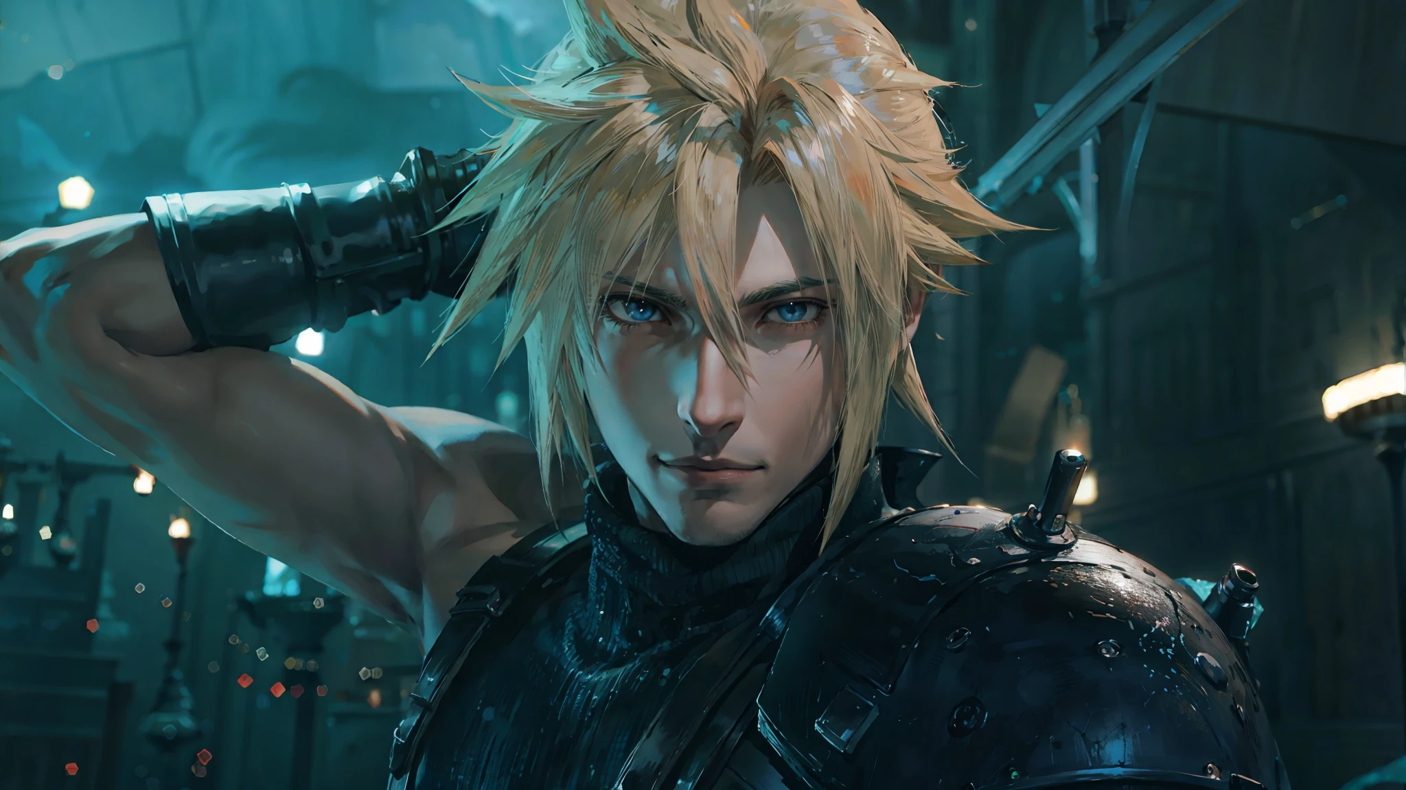 Arafed Image of an attractive anime-style young man holding a sword in a dark room, Cloud Strife, from Final Fantasy VII, Final Fantasy 7, FF 7, Portrait of Cloud Strife, from FF7, Final Fantasy character, Final Fantasy Face, from Final Fantasy, Cloud, Final Fantasy, Final - Fantasy, Final Fantasy, Square Enix, Square Enix Cinematic Art, Final Fantasy Style