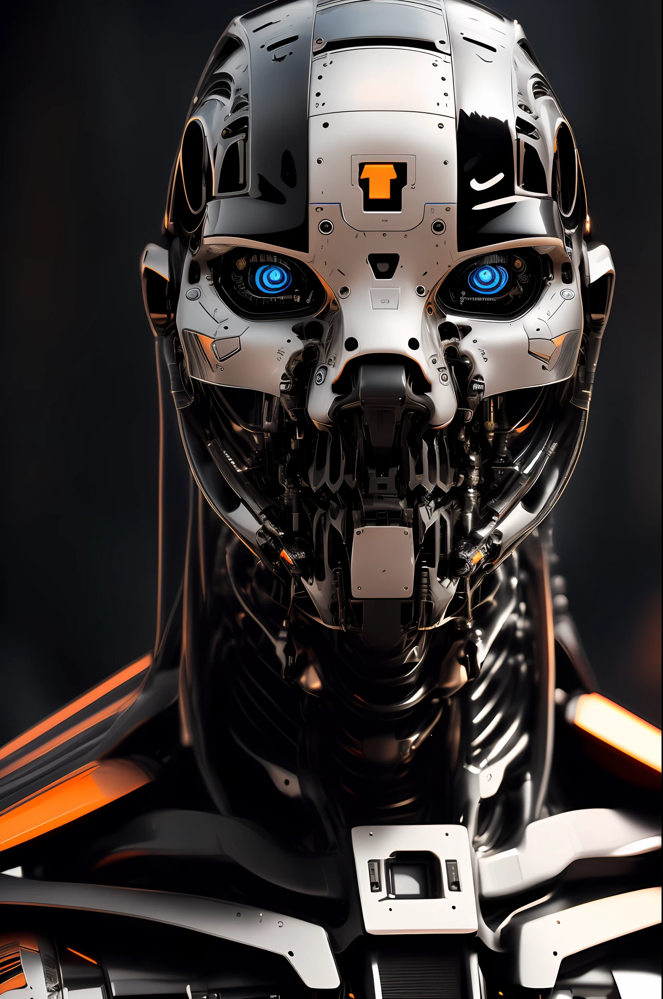 a closeup of a cyborg , deep focus, intricate details, matt black and orange colors, day, midday, photograph, highly detailed, 16k, blue bright eyes