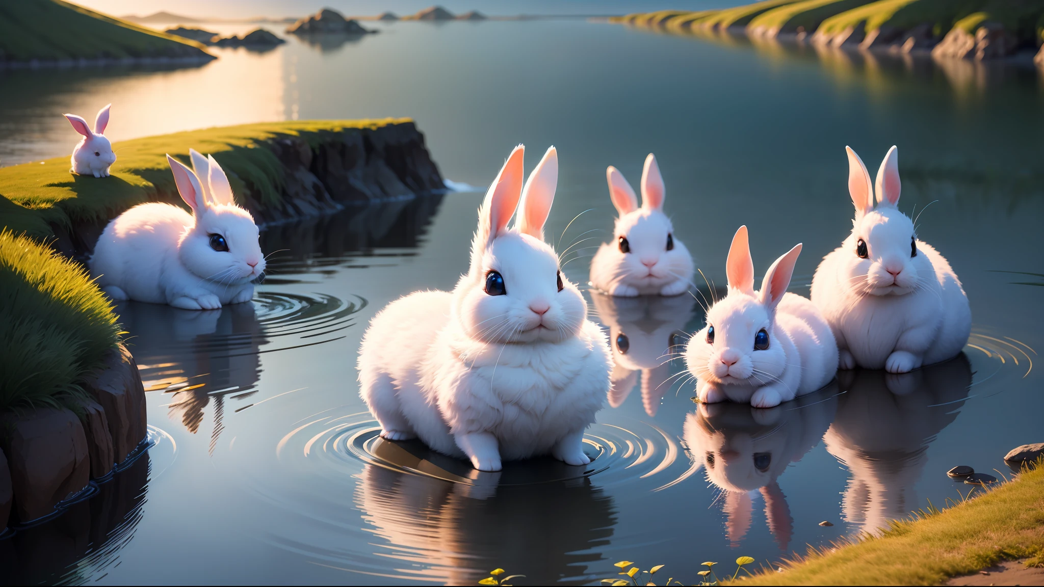Hydropank magic machenical many many groups of rabbits 5.1 ,water and lake,8k resolution, focus face,cute,small, landscape,Luna,Moon,