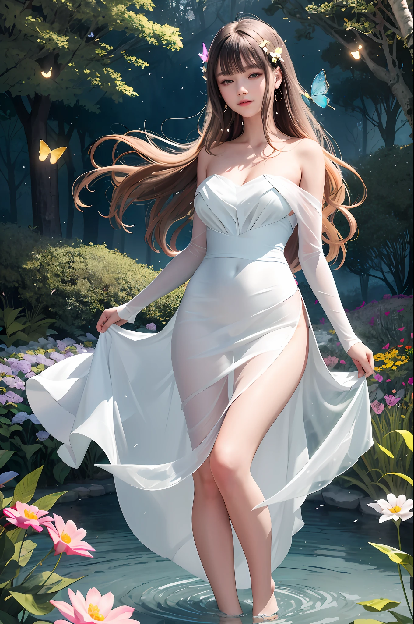 In this whimsical and dreamy garden, scenes are illuminated by rainbows (colorful fireflies) dancing in the air. Soft (drizzle) adorns the garden, creating a hazy and ethereal atmosphere. In the center of the picture, there stands a single girl, an extremely delicate girl, with cute facial features and an innocent expression. Her long hair fluttered in the wind. She wears an ultra-low-cut strapless dress that accentuates her curves. The lighting is very delicate and beautiful, creating a soft and warm glow that highlights the surface of the water and makes it sparkle like a diamond. The best grass is also illuminated, creating a lush carpet. The garden is surrounded by colorful fields of flowers of all colors and shapes. You can see (colored butterflies) of various colors and sizes flying in the scene, adding to the overall sense of wonder and magic. (Officers), a flush can be seen on the bridge of the nose, and the mouth is slightly open, which adds to the overall sense of innocence and youth. Falling petals can be seen floating around her, adding to the overall romance and beauty. The gentle breeze, rustling leaves and swaying flowers add to the overall dynamism and vitality. It is a scene of pure wonder and magic, full of color and beauty, and viewers can lose themselves in this fascinating and fascinating world.
Information