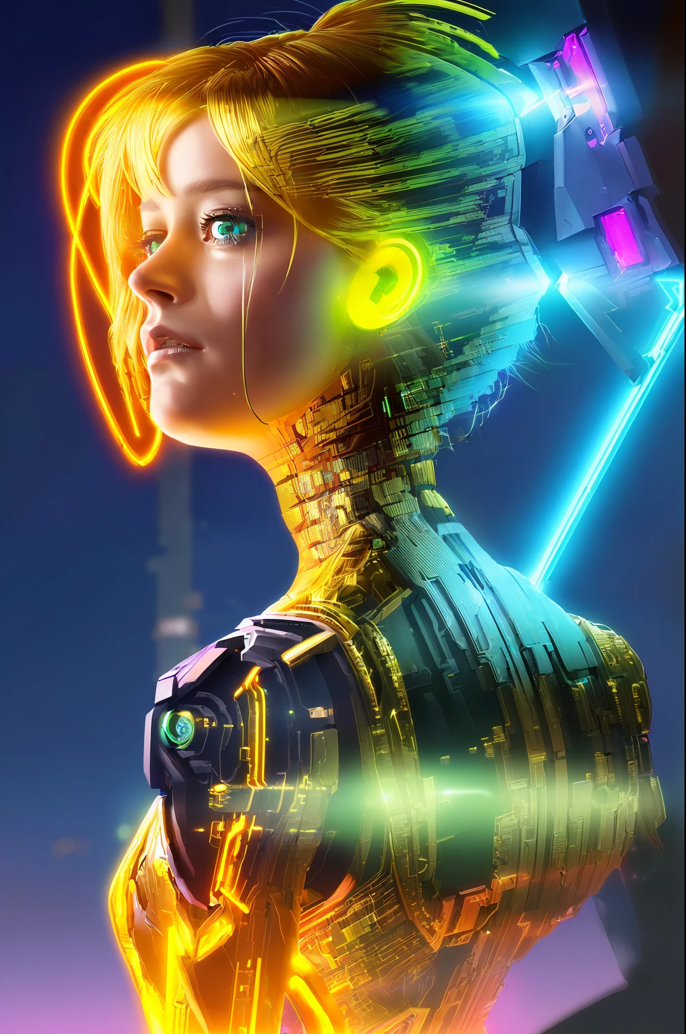 brie larson, medium hair, full body portrait, wearing captain marvel outfit, sexy, cleavage, breasts showing,Cute,absurdres, highres, reflection, refraction:1.4, ultra detailed:1.4, (photorealistic:1.4, ultra high res, RAW photo), BREAK (cyberpunk:1.3), Android, robot_cute girl, golden hair (made with real gold 1.2) beautiful face with hot expression, In the dark decaying ruins, (super wide angle:1.2), shot from below BREAK ((neon lighting, vibrant glow, dynamic colors, striking contrast, futuristic vibe, electric energy, reflective surfaces)), realistic lipstick (very detailed), cenimatic lighting, best hyper resolution, background Troy's City, Scientific,(8k Resolution), masterpiece,