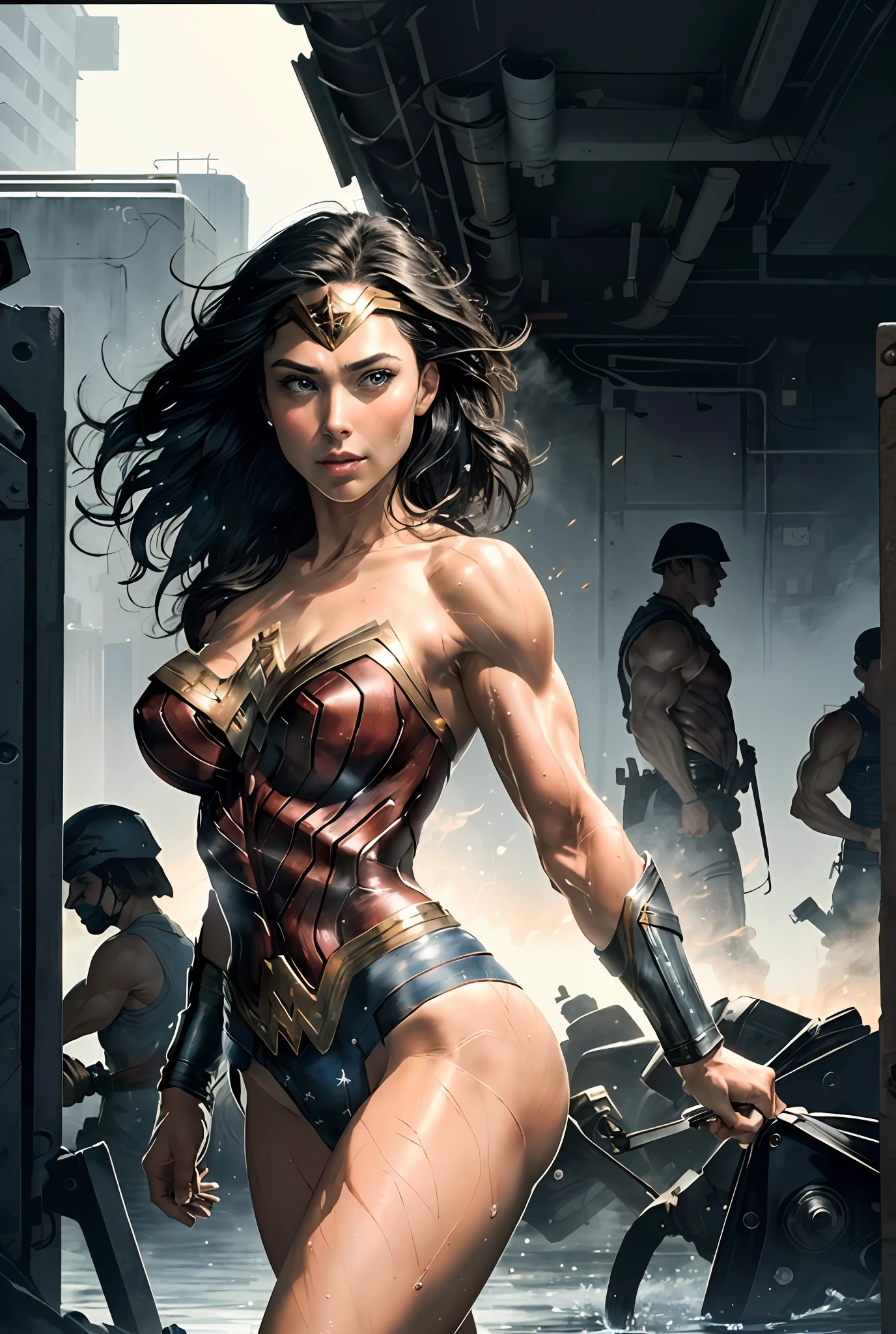 (masterpiece, best quality),1girl ,{{depth of field}}, hyper detailed, 1woman, (Victoria's Secret Model Wonder Woman), single, Full Body, (Intricate Details, Makeup), (Delicate and Beautiful Delicate Face, Delicate and Beautiful Delicate Eyes, Face with Perfect Proportions), High-detail skin, Delicate skin, Best proportions Four fingers and one thumb, strong and realistic blue eyes, realistic black hair, lips, makeup, natural skin texture, tiara, leotard, bulletproof cuffs, red boots, (public clothing:1.3), Slightly sunburned, mature, sexy, elastic muscles, (muscles:1.3), ((strong and healthy body)), ((((more) muscles))), wet body, wet hair, long legs, curves, thick thighs, wide buttocks, thin legs, (big breasts: 1.2), thin waist, soft waist, (delicate skin), (wet body: 1.2), (beautiful and sexy woman), (swollen lips: 0.9), (eyelashes: 1.2), very delicate muscle definition, Arms crossed behind the back pose, LED panel lights arranged in square formation to mimic existing indoor fixtures, A dystopian ghetto controlled by local gangs armed with hacked police weapons like EMP blasters and Taser shotguns