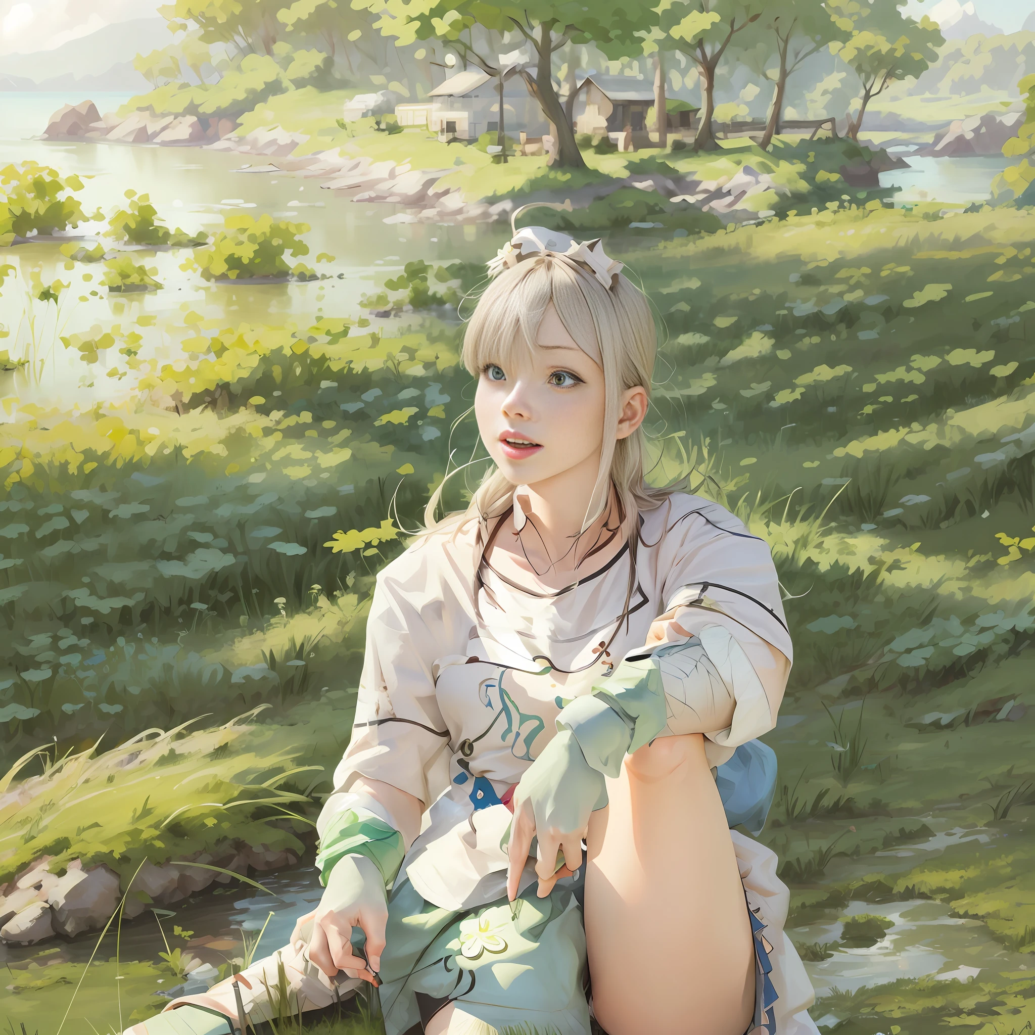 1 girl, one leg up, super high quality, wallpaper, outdoors, looking ahead, wide view, there is a lot of green grass on the shore