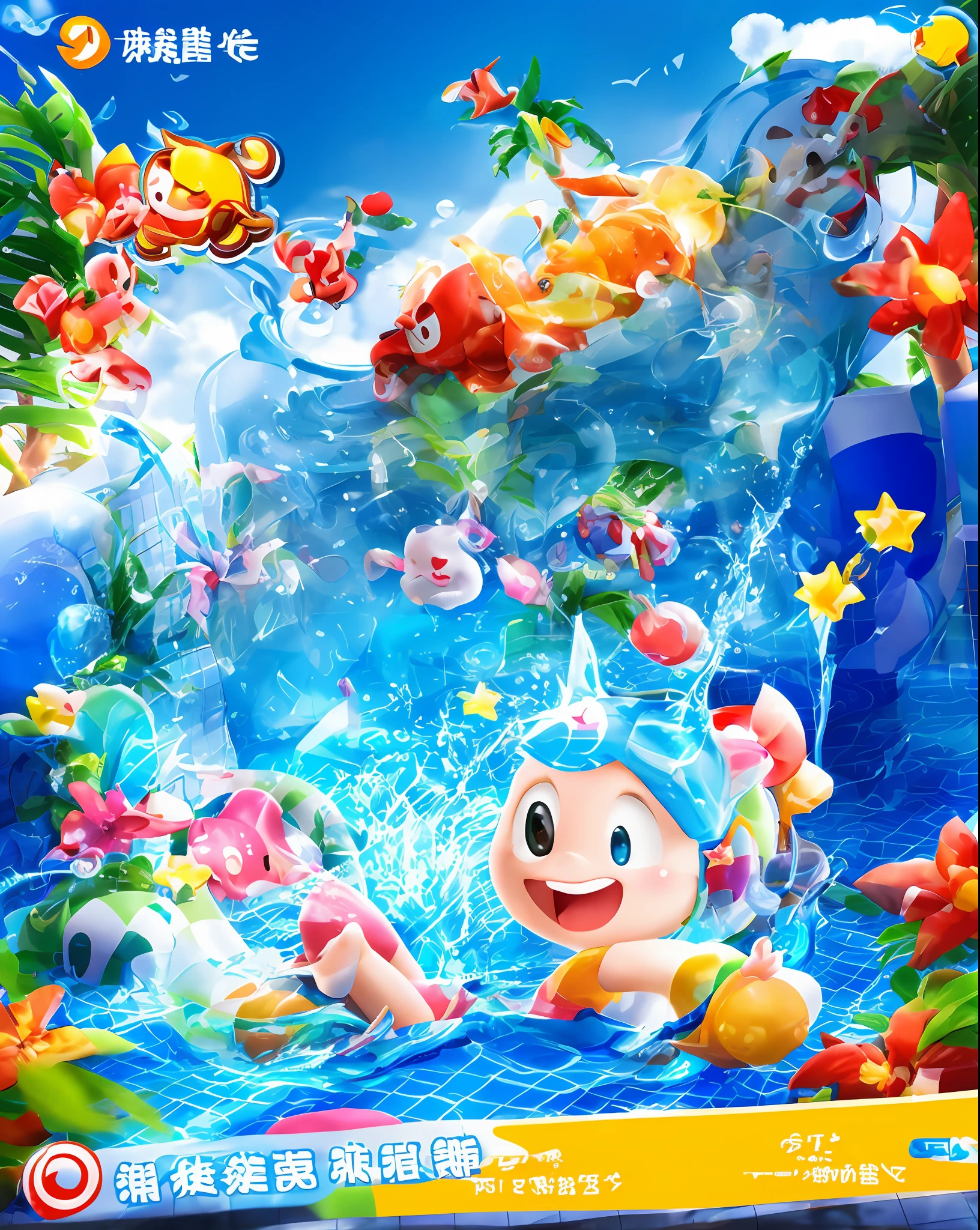 Close up of a cartoon character in swimming pool, chiba xiongda, summer swimming party, mobile game, water park, official screenshot, mobile game style, inspired by Ding Guanpeng, mobile game art, mobile game background, 3D icon of mobile game, pool party, playing in swimming pool with clean picture