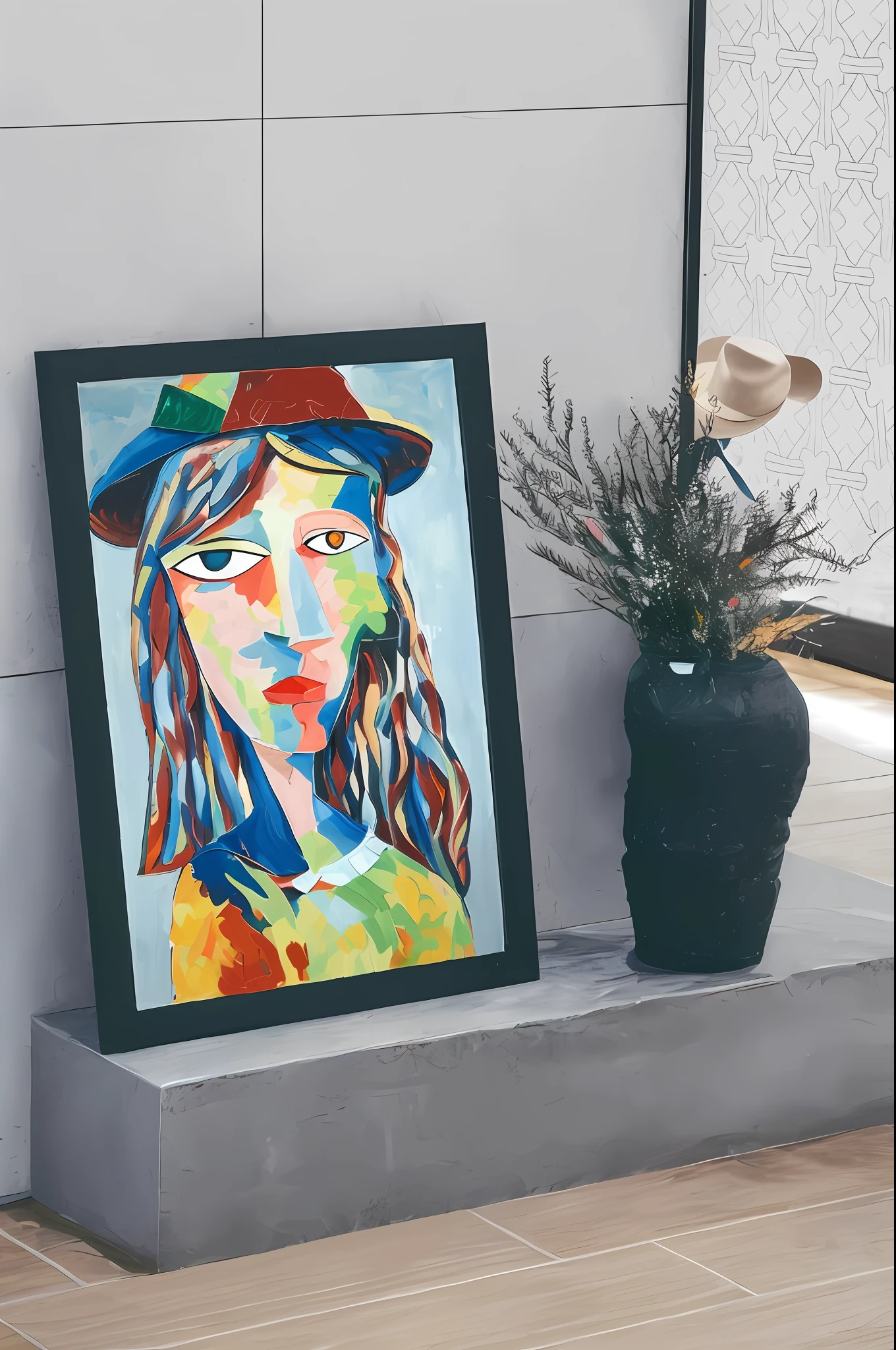 painting of a woman with a hat and a plant in a pot, picasso style, kiki picasso style, stylized portrait h 704, oil painting in a modern style, in art style, fauvism style, art in the style of joshy sly, inspired by Picasso, inspired by Pablo Picasso, oil painting style, trending artistic art, oil paint style