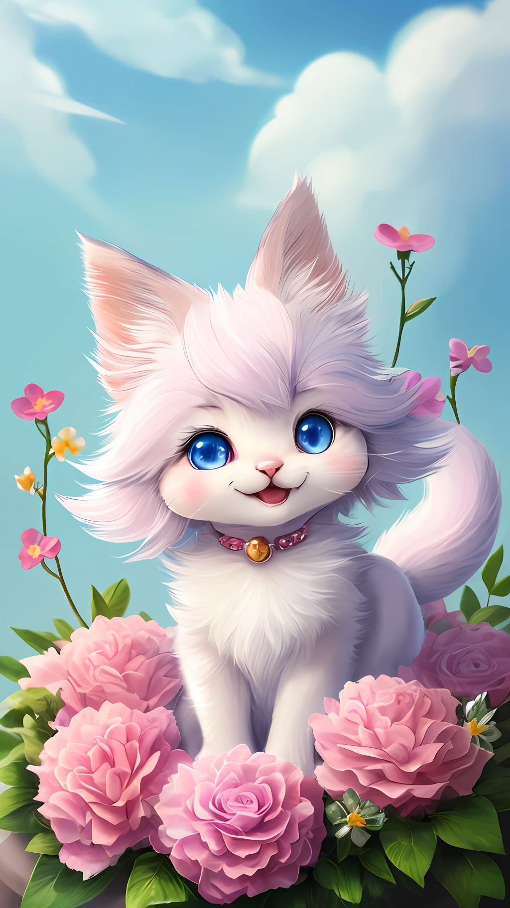 A kitten with a tiny tail, a small nose, small ears, blue eyes, pink background, flowers, vases, dreams, open mouth, smile, Caroline Chariot-Dayez pastels, tumblr, furry art, elokitty, Disney's Bambi cat, Disney's stylized furry, ears floating, fluffy tail, fluffy '', fluffy !!!, high resolution, furry art!!! Small size