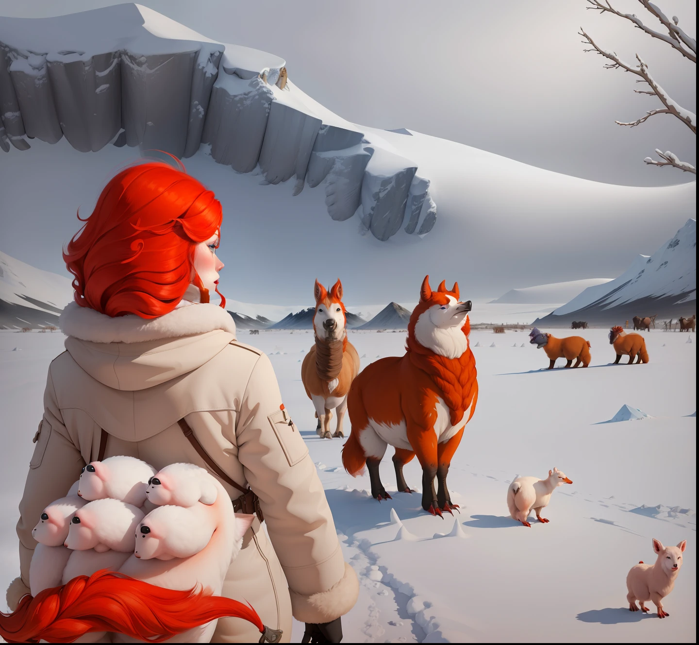 The rear view of A pretty young redheaded woman, she approaches a group of strange fantasy arctic farm animals, the creatures look like [white turkeys with big gizzards:fantasy arctic farm animals:05], This all takes place on an alien world, in a snowy arctic expanse. (Lushill style) (pencil sketch, oil painting)