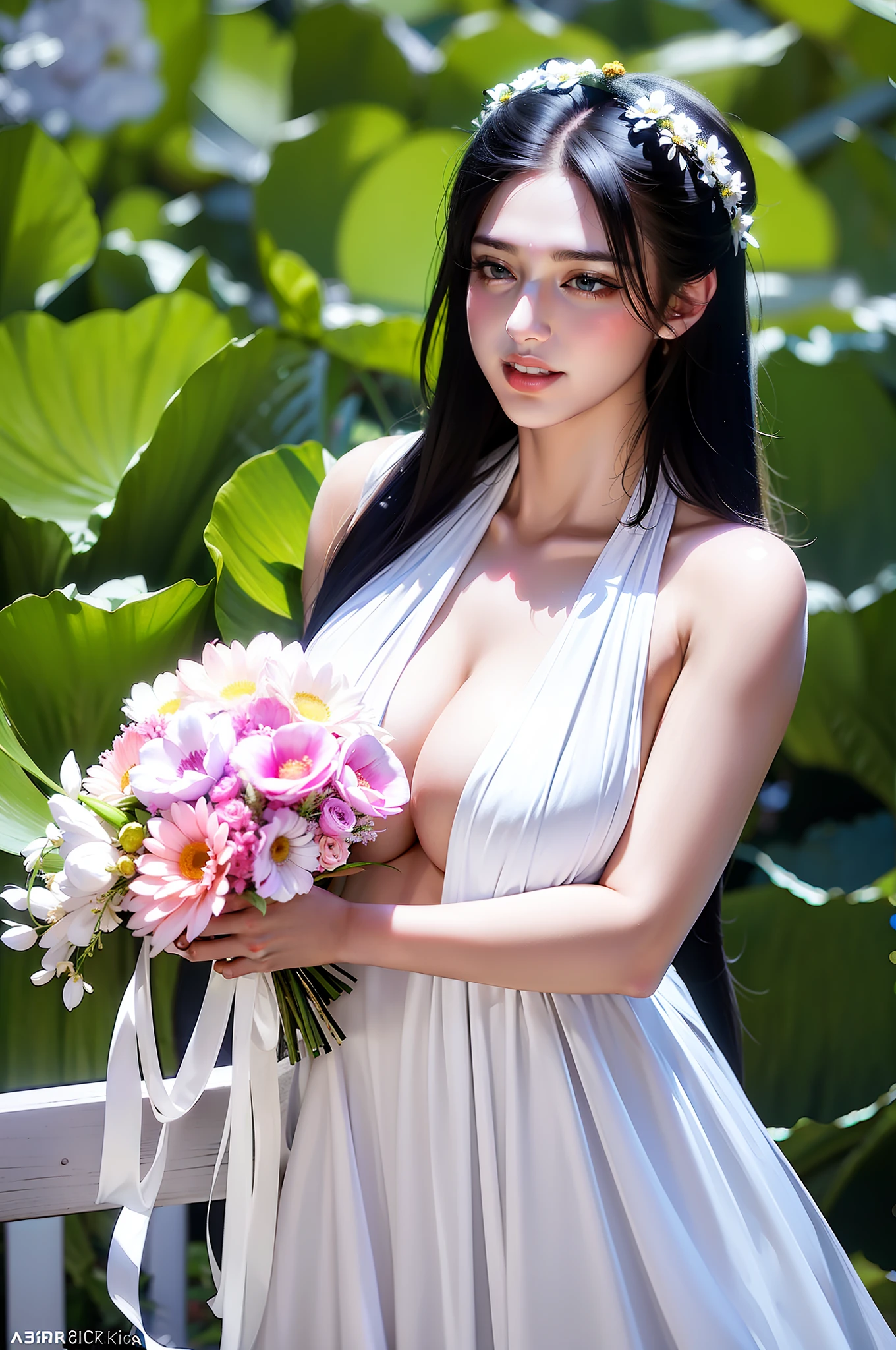 araffe woman in white dress holding a bouquet of flowers, with flowers, 8k, realistic, ultra-detail, beauty girl, big boob, bikini, sexy, beach