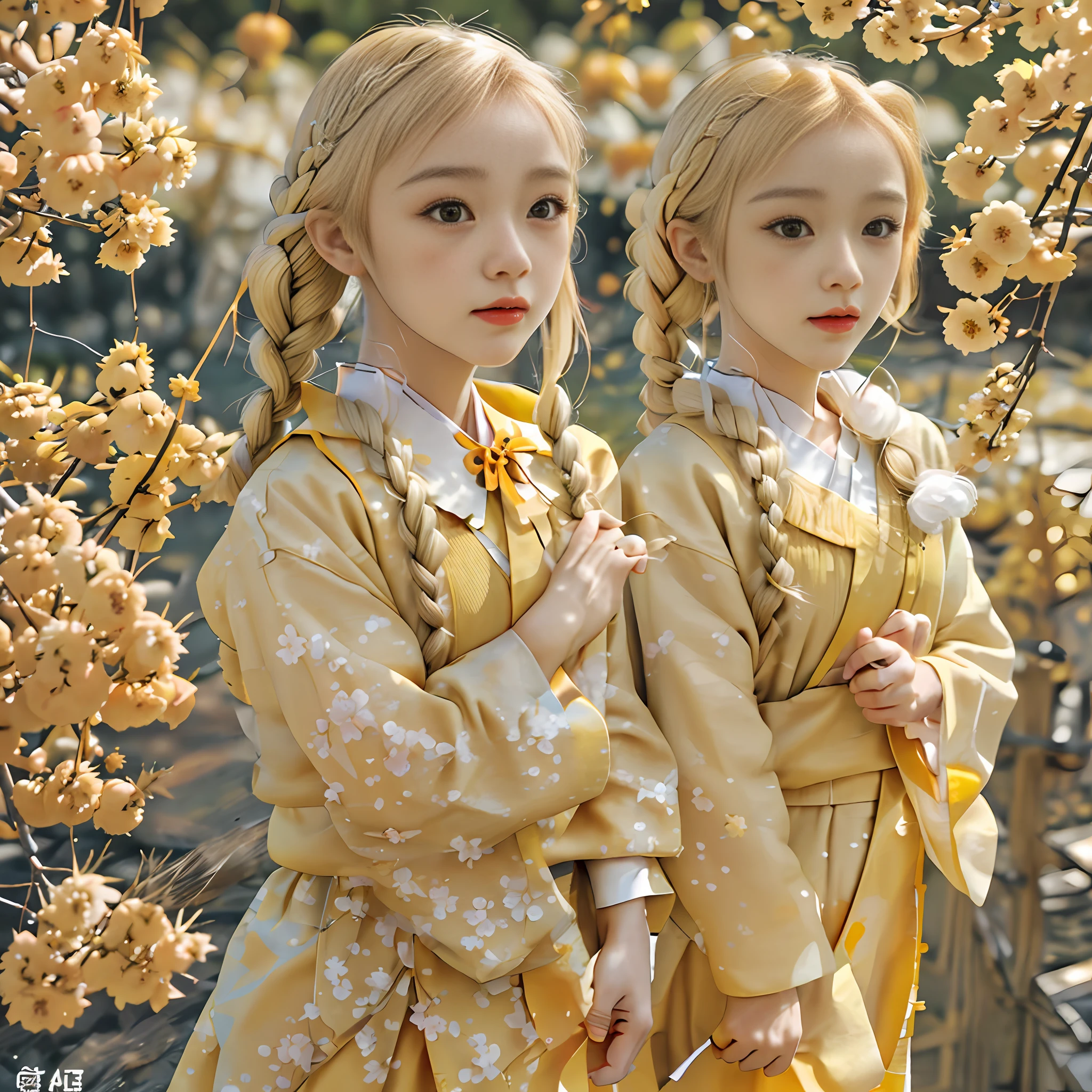 HD, high image quality, apricot blossom hair ornaments, apricot blossom clothes, facial features, "double twist braid", girl, big black eyes, tender small mouth, facial focus, yellow apricot blossom branches, yellow Jin Han uniform, light yellow, facial enhancement