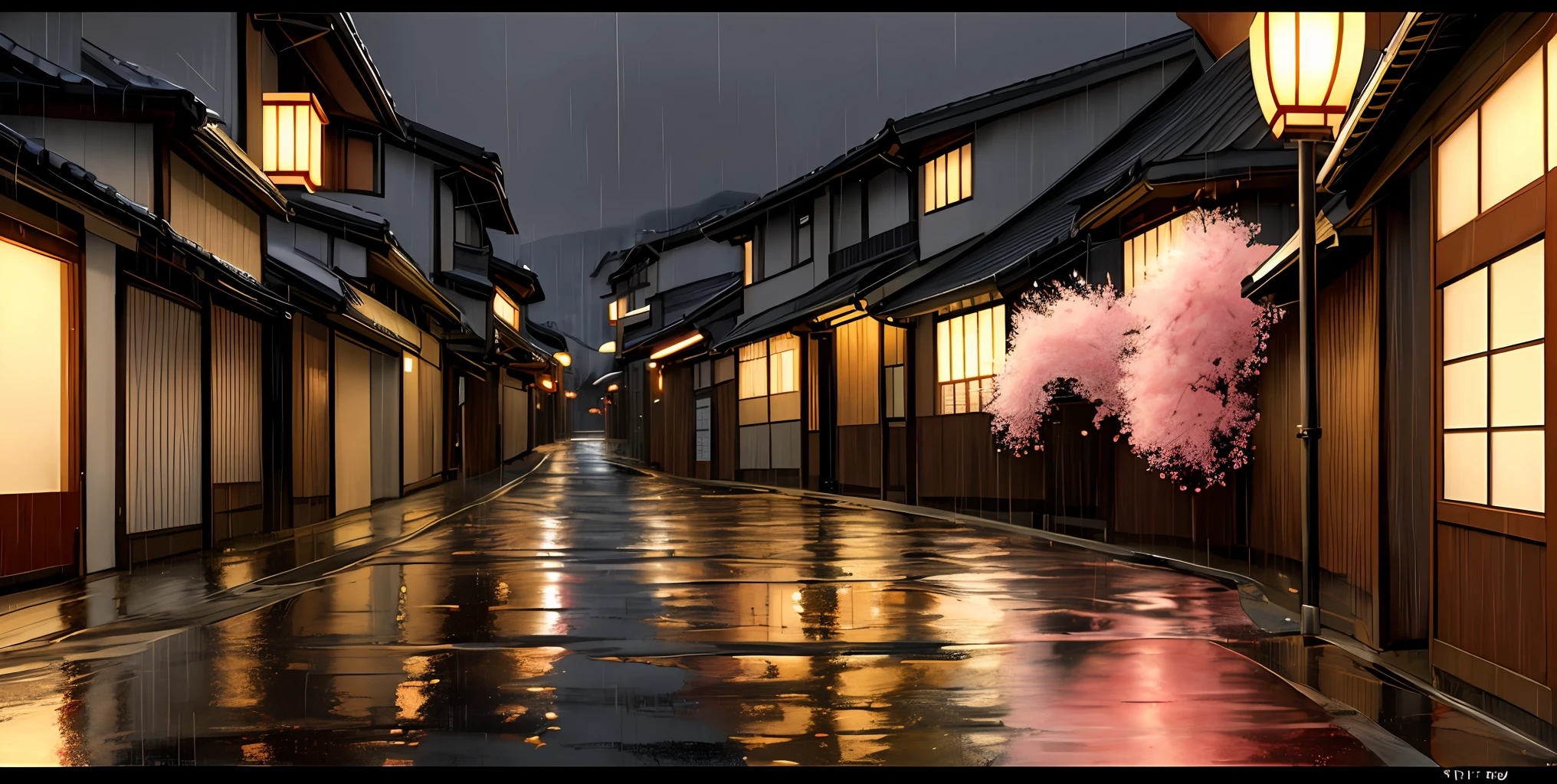 Japanese cherry blossom street, masterpiece-level picture quality, ink style, rainy atmosphere, bustling street scene, 4K ultra-high definition, realistic picture, strong sense of art, movie-level dynamic scene, ultra-clear resolution, full of movement.
