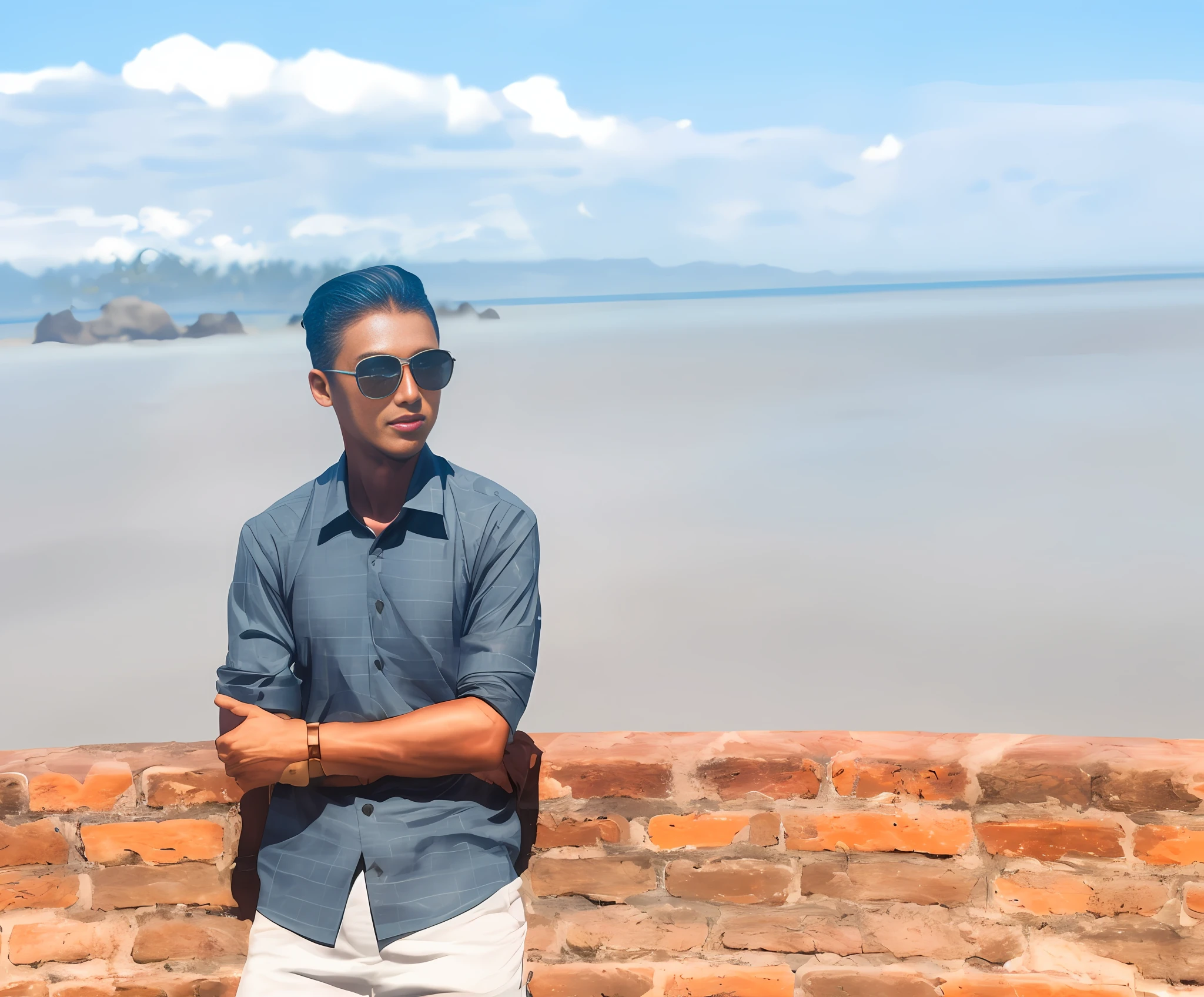 29 years man, change background,high resolution,detail face , 4k, reality image, super handsome, background look like bali island, simming suit, bikini, breats , long hair