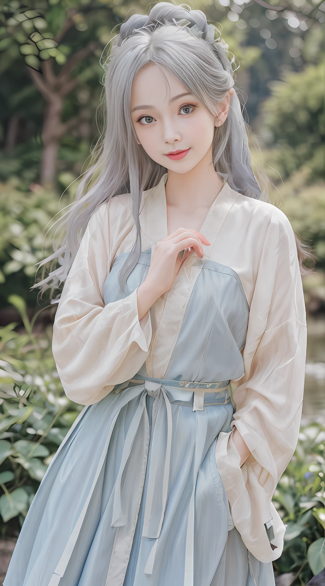 1 girl, nose blush, (left hand behind back), (detailed fingers), normal hands, gorgeous clothing, elegant standing, bare legs, light smile, heart-shaped pupils, aqua eyes, side face, gray hair, denim lens, close-up, chiaroscuro, reflected light, surrealism, high detail, modern, UHD, super detail, high detail, best quality, high resolution, high quality, textured skin, detailed real fingers, detailed background,