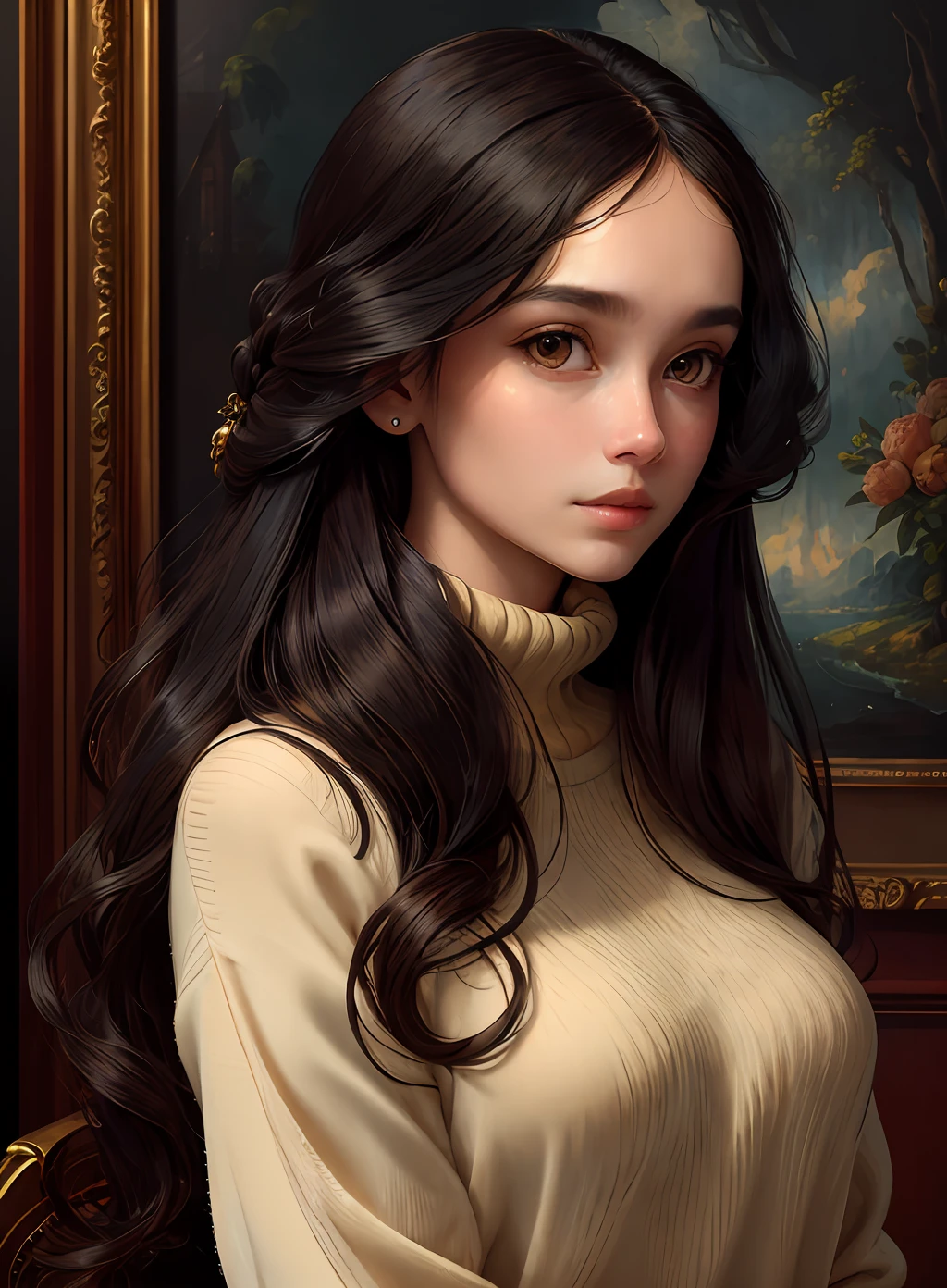 best quality, masterpiece, beautiful lady, looking at the camera, long hair, black hair, wearing sweater, perfect lihgting,