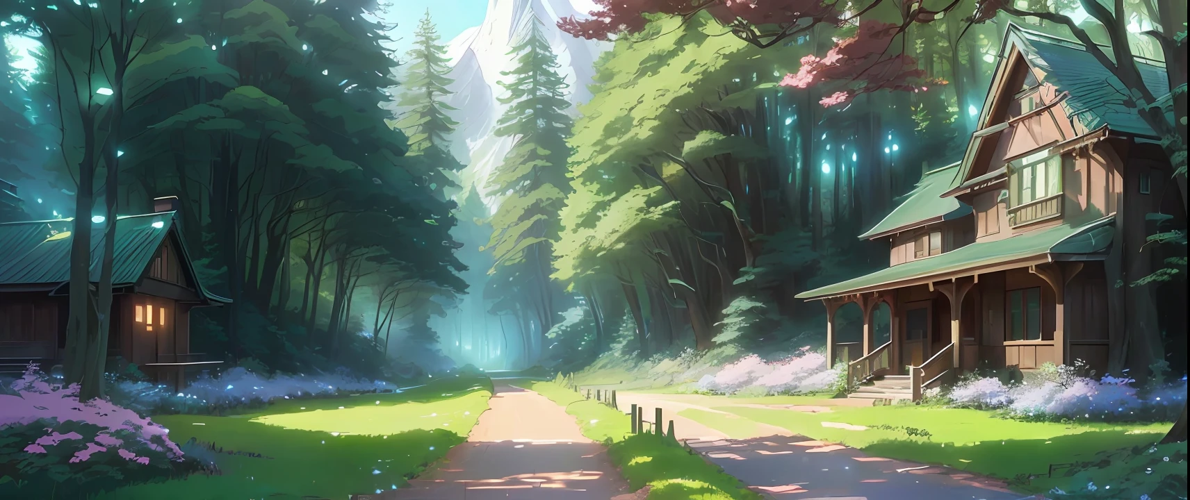 there is a pathway leading to a house in a forest, anime background art, anime countryside landscape, background art, ross tran. scenic background, beautiful digital painting, inspired by Andreas Rocha, beautiful anime scenery, anime landscape wallpaper, fantasy forest background, beautiful house on a forest path, fantasy forest landscape, anime scenery concept art, andreas rocha style, anime nature