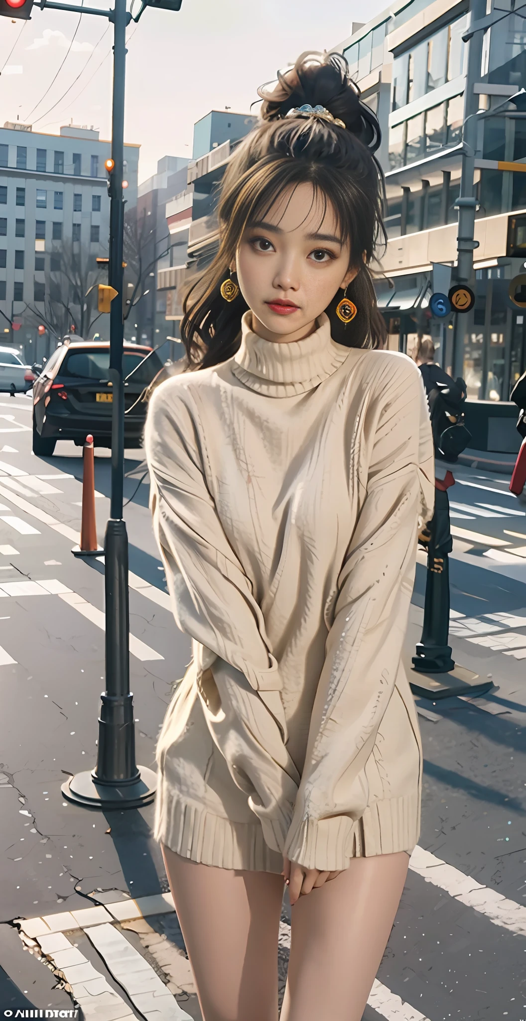 (Goddess Happiness: 1.2), Full Body, Sexy Dress, NSWF, Kpop Idol, 20 years old, Brown eyes, Ponytail, (Original photo: 1.2), (Realistic: 1.4), (Masterpiece: 1.3), (Intricate Details: 1.2), Delicate, Beautiful Details, (Detailed Eyes), (Detailed Facial Features), (Turtleneck Sweater), Petite, Small Tits, Narrow waist, (looking_at_viewer:1.2), Large Circle Earrings , slim_legs, (thin), (best quality:1.4), (ultra high resolution:1.2), cinema lights, outdoor, (extreme detail illustration), (lip gloss, eyelashes, best quality, ultra resolution, depth of field, caustic, wide lighting, natural shadows, 85mm, f/1.4, ISO 200, 1/160s:0.75), dynamic pose,