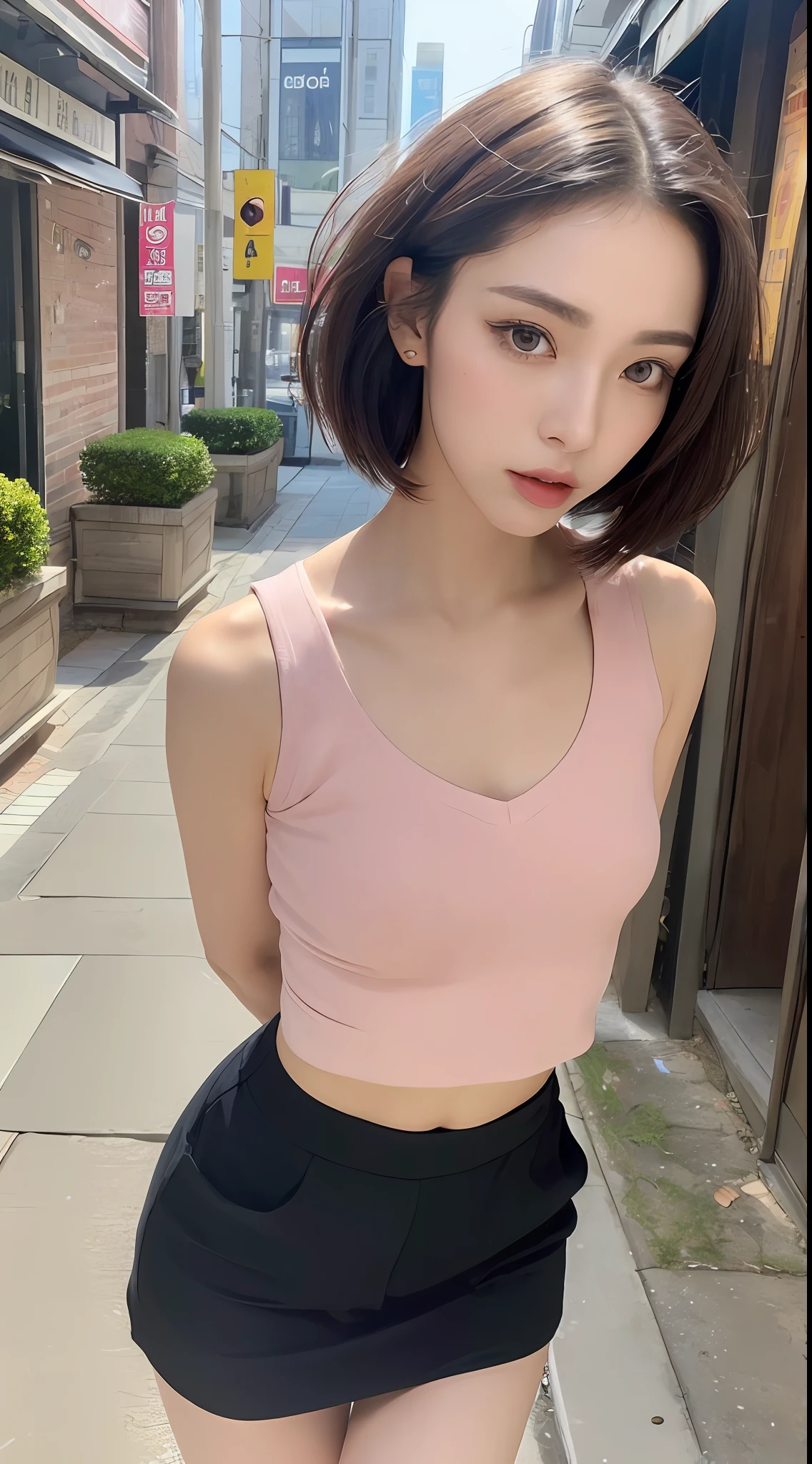 (Top Quality, 16k, Masterpiece: 1.3)), 1 Girl, Sharp Focus: 1.2, Beautiful Woman with Perfect Figure: 1.4, Slender Abs: 1.2, (((Short Bob Hair)), ((Small: 1.4)), ((Beautiful Face Idol: 1.3)), ((Pink Sleeveless 1.5)), Highly Detailed Face and Skin Texture, Detailed Eyes, Double Eyelids, (((Pause)), (Seductive)), Walking Street, modern urban building