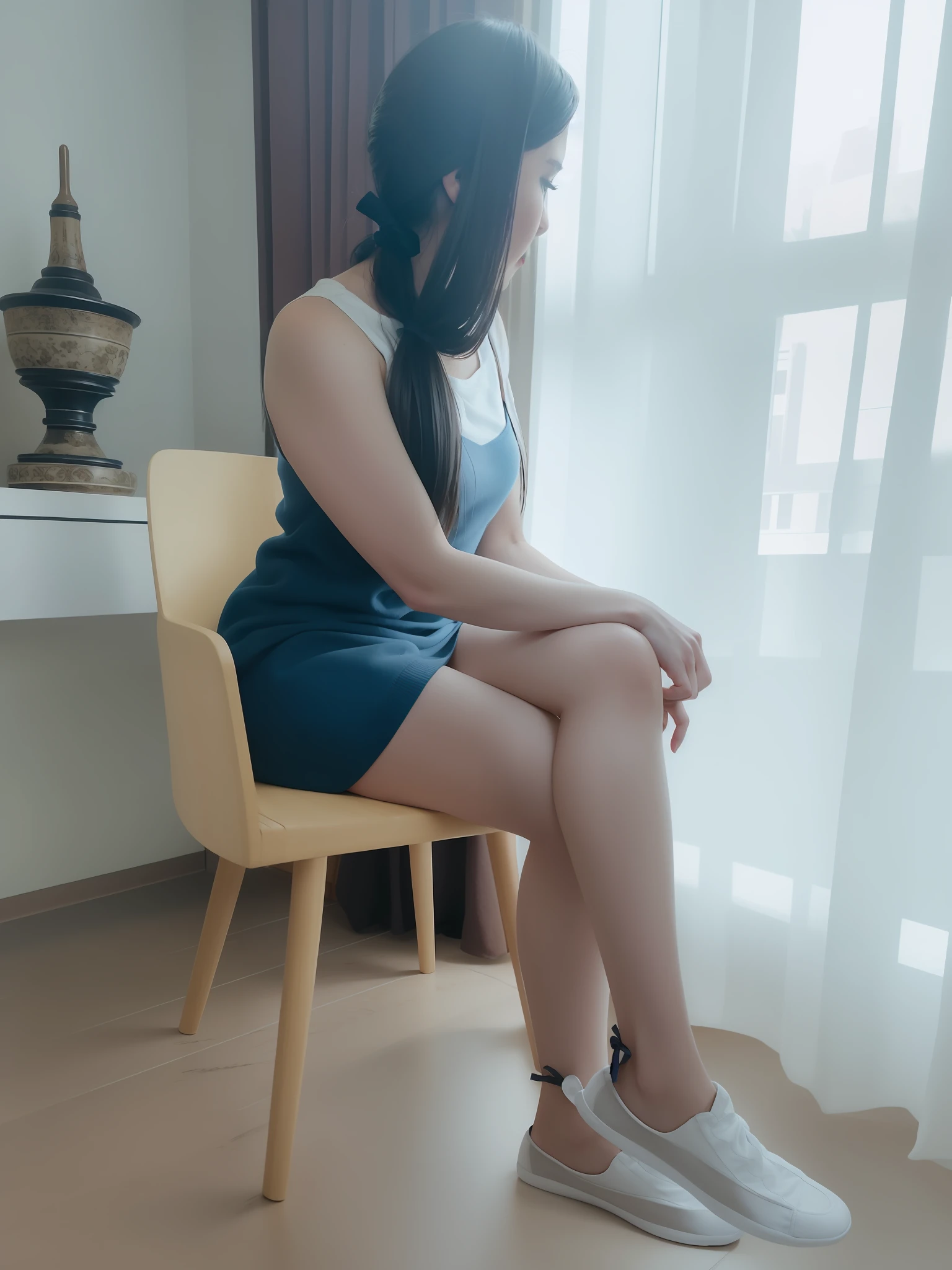(realistic:1.5), 1girl, solo, (gundou_misuzu), low ponytail, hair over shoulder, single sidelock, hair scrunchie, blue scrunchie, medium hair, hair strand, japanese, looking at viewer, outdoors, cowboy shot, indoors, expressionless, shaded face, blue sweater, long sleeves