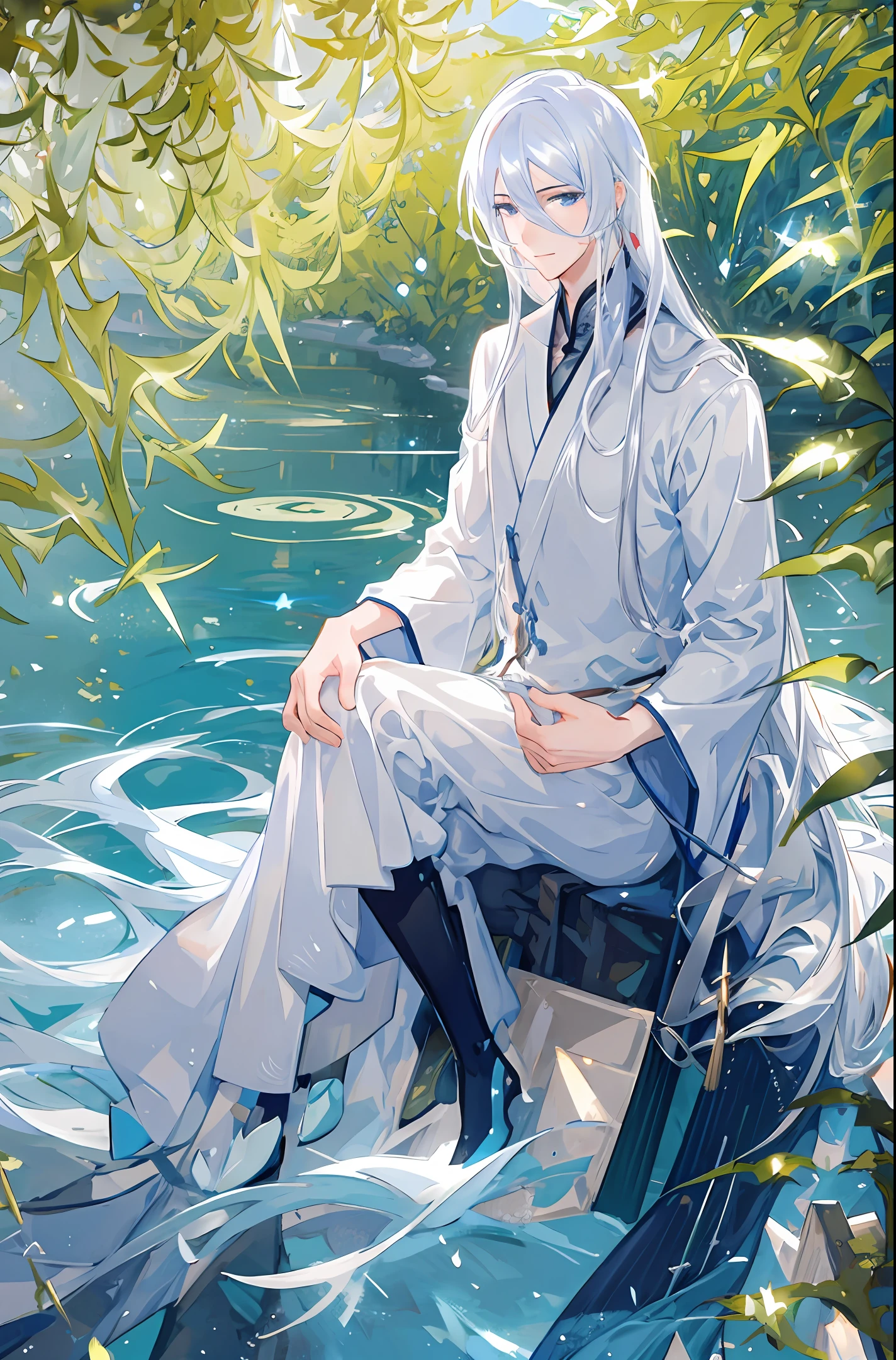 Masterpiece, best quality, official art, 8k wallpaper, very detailed, illustration, 1 boy, white hair, long hair, detailed eyes, bamboo forest, hanfu, lake, pure, soft smile,
