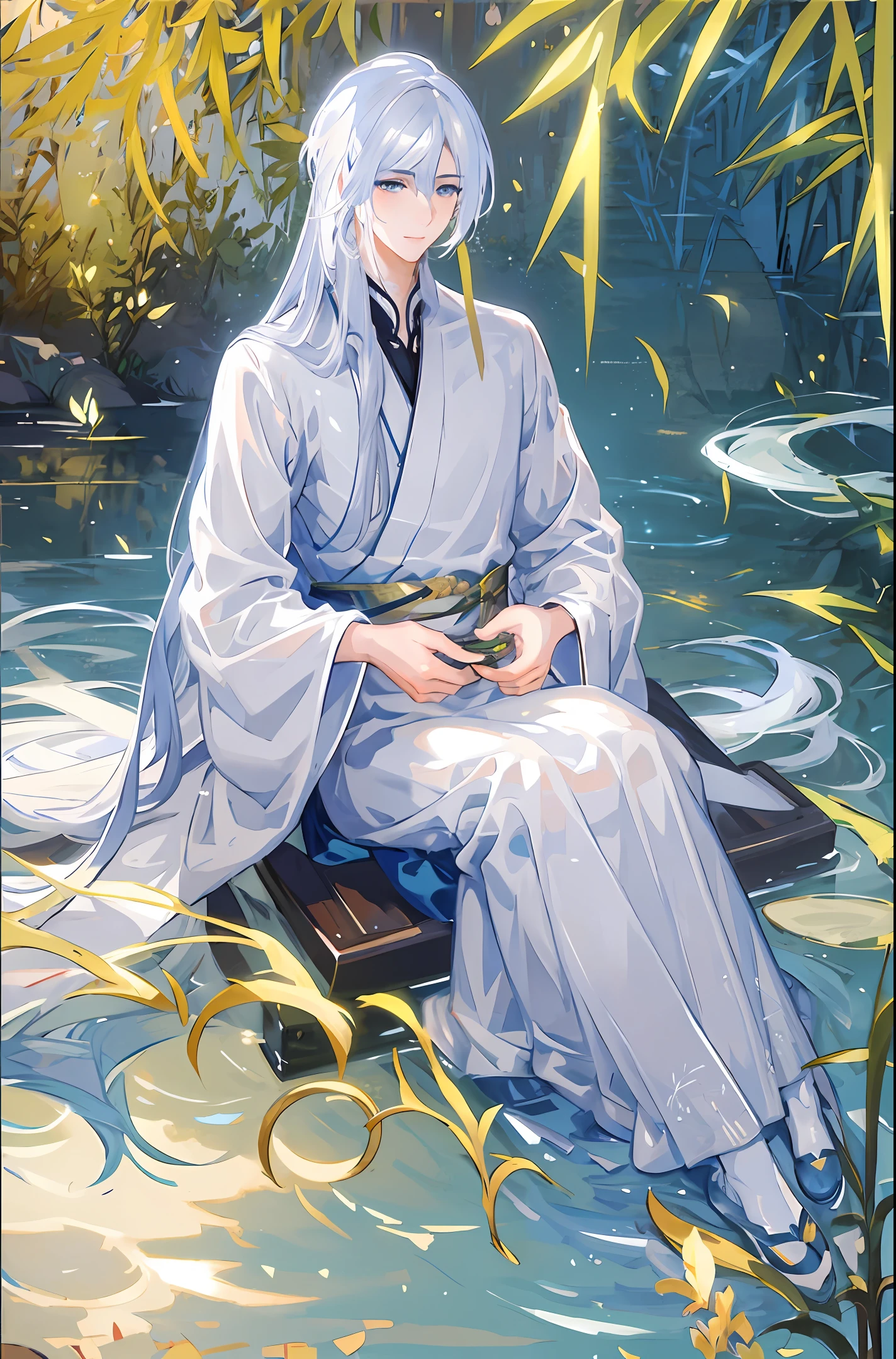 Masterpiece, best quality, official art, 8k wallpaper, very detailed, illustration, 1 boy, white hair, long hair, detailed eyes, bamboo forest, hanfu, lake, pure, soft smile,