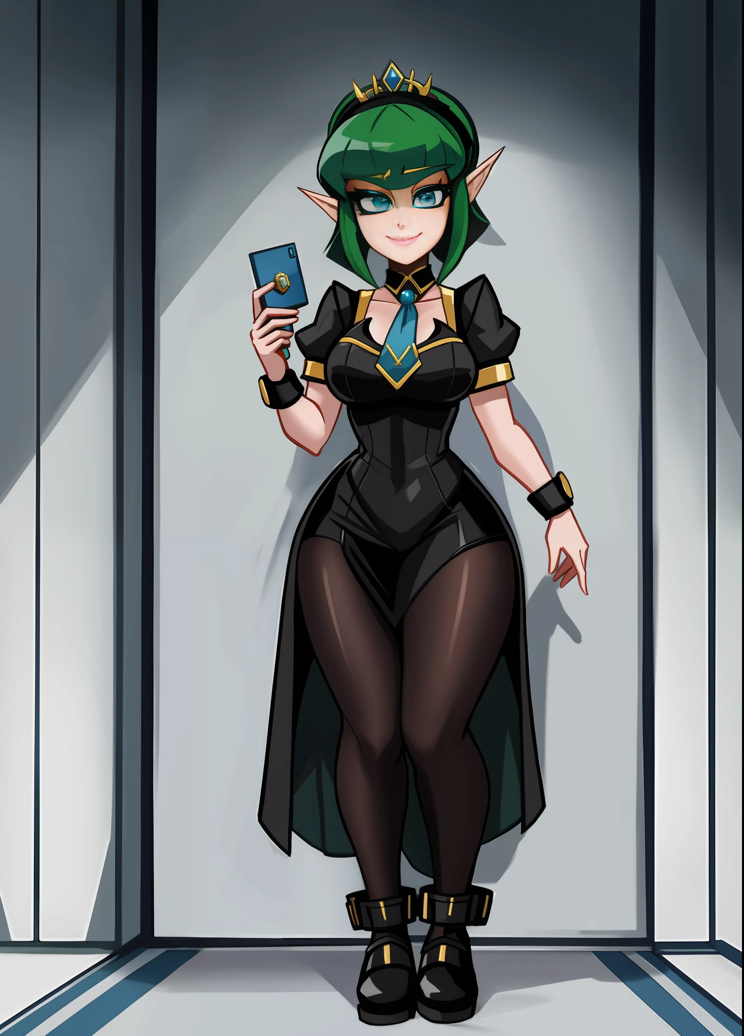 ((full body photo)), Princess Zelda in hybrid maid costume and Mega Man-X+ (black: 10.0), XL bust, very tight clothes on her body, she is exhibitionist, she is in a hotel all broken with the bed totally covered in blood, she has green hair, blue eyes, she is looking at the viewer with a macabre smile on her face, she's holding an exorcism artifact in her right hand, Anime-style, Unreal Engine 5, Mortal Kombat, Masterpiece, (16k:1.5)