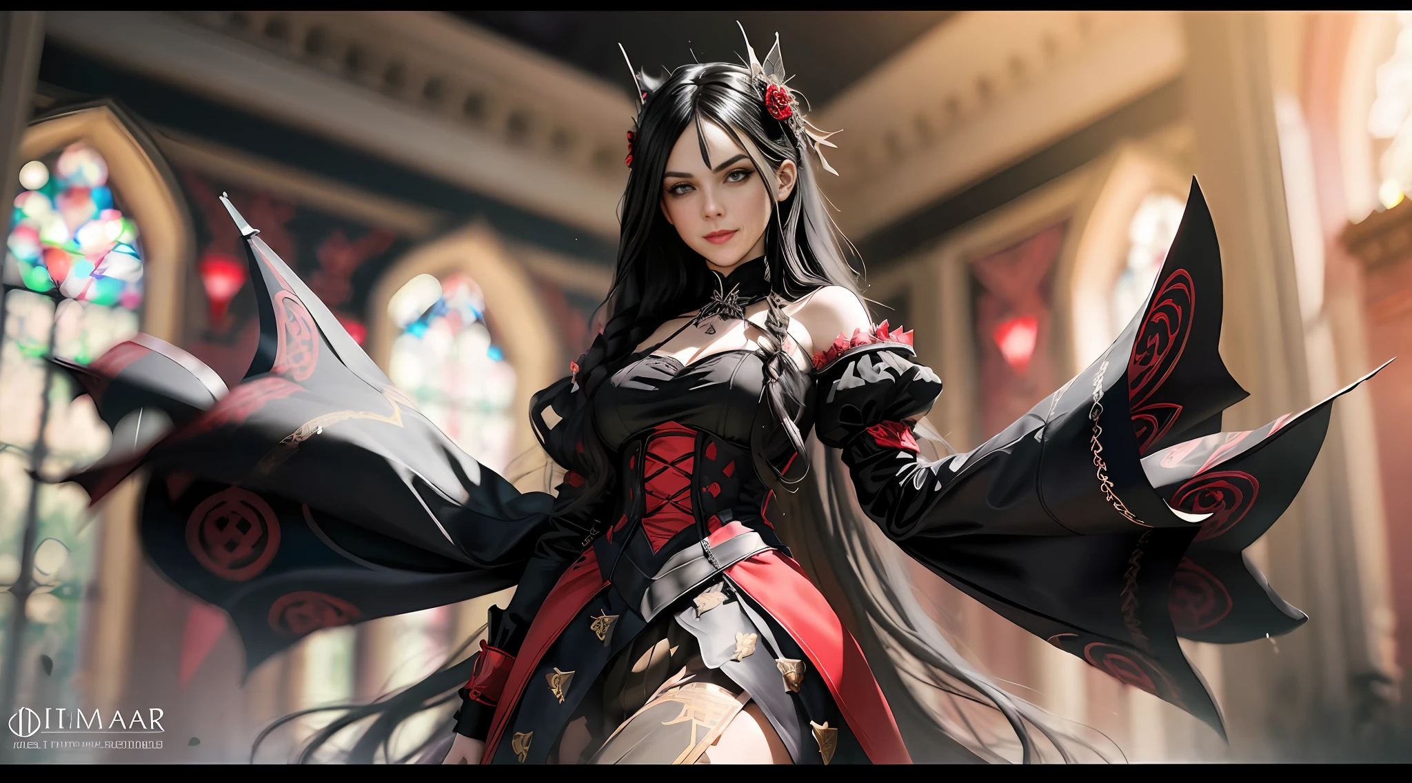 Realistic, high resolution, masterpiece, complex, 1girl (in a gothic castle), red bow on the neck and black and red dress, standing in the room, detailed background, pretty, narrow waist, wide hips, ( Perfect face: 1.2), (perfect eyes: 1.2), thick eyebrows, thick eyelashes, (green eyes), (beautiful and detailed face), (delicate lips), black hair, long hair, goth girl, smile, ( outside), tights,, intricately detailed clothing, cinematic lighting, shadows, detailed lighting, light particles, dynamic angles, POV, close-ups, from below, ismail inceoglu, blood, vampires