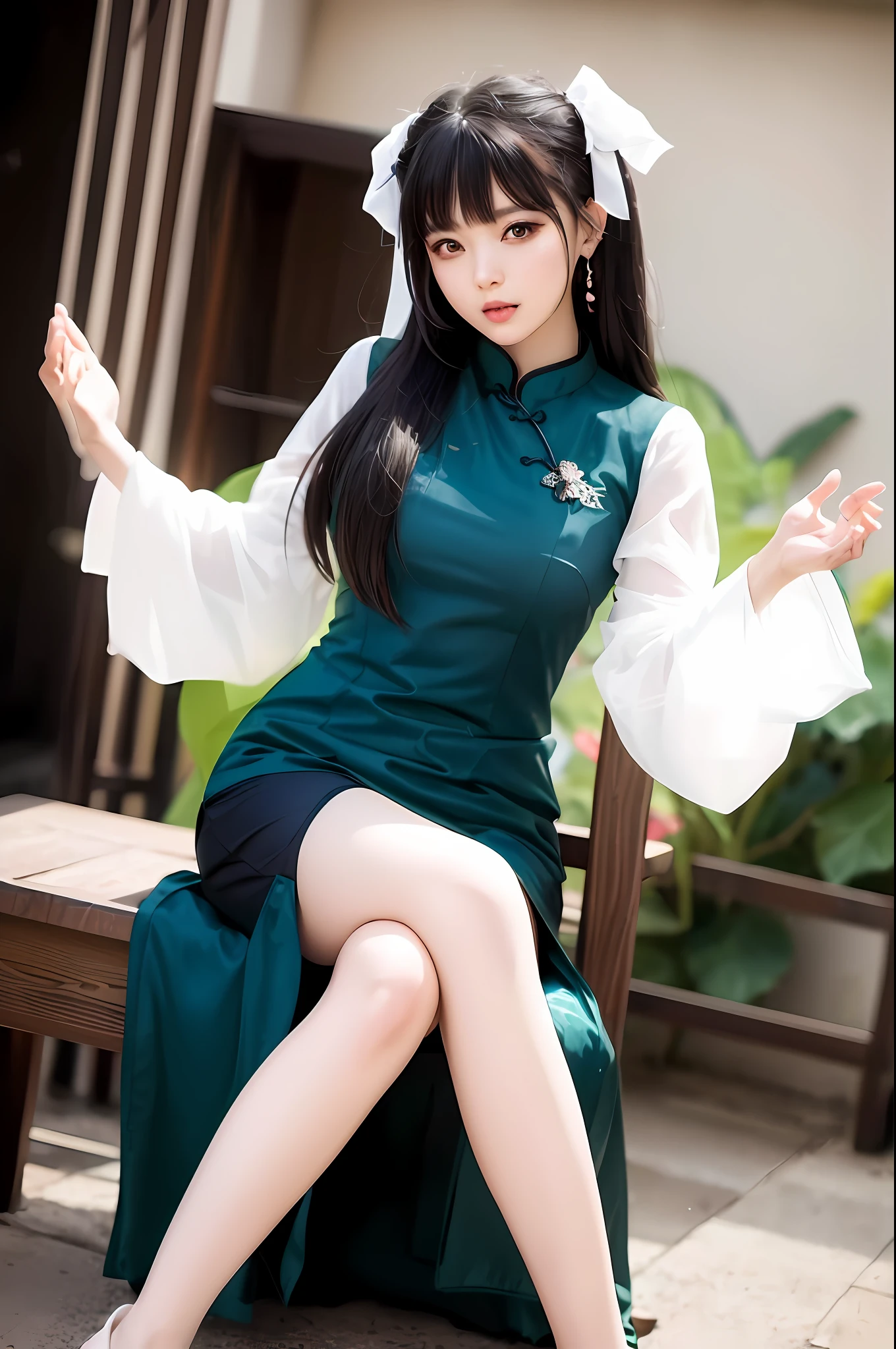 there is a woman sitting on a bench wearing a green dress, anime girl cosplay, with acient chinese clothes, chinese girl, palace , a girl in hanfu, gorgeous chinese model, traditional chinese, full body xianxia, traditional beauty, chinese style, attractive anime girl, anime cosplay, beautiful alluring anime woman, anime girl in real life, cute elegant pose