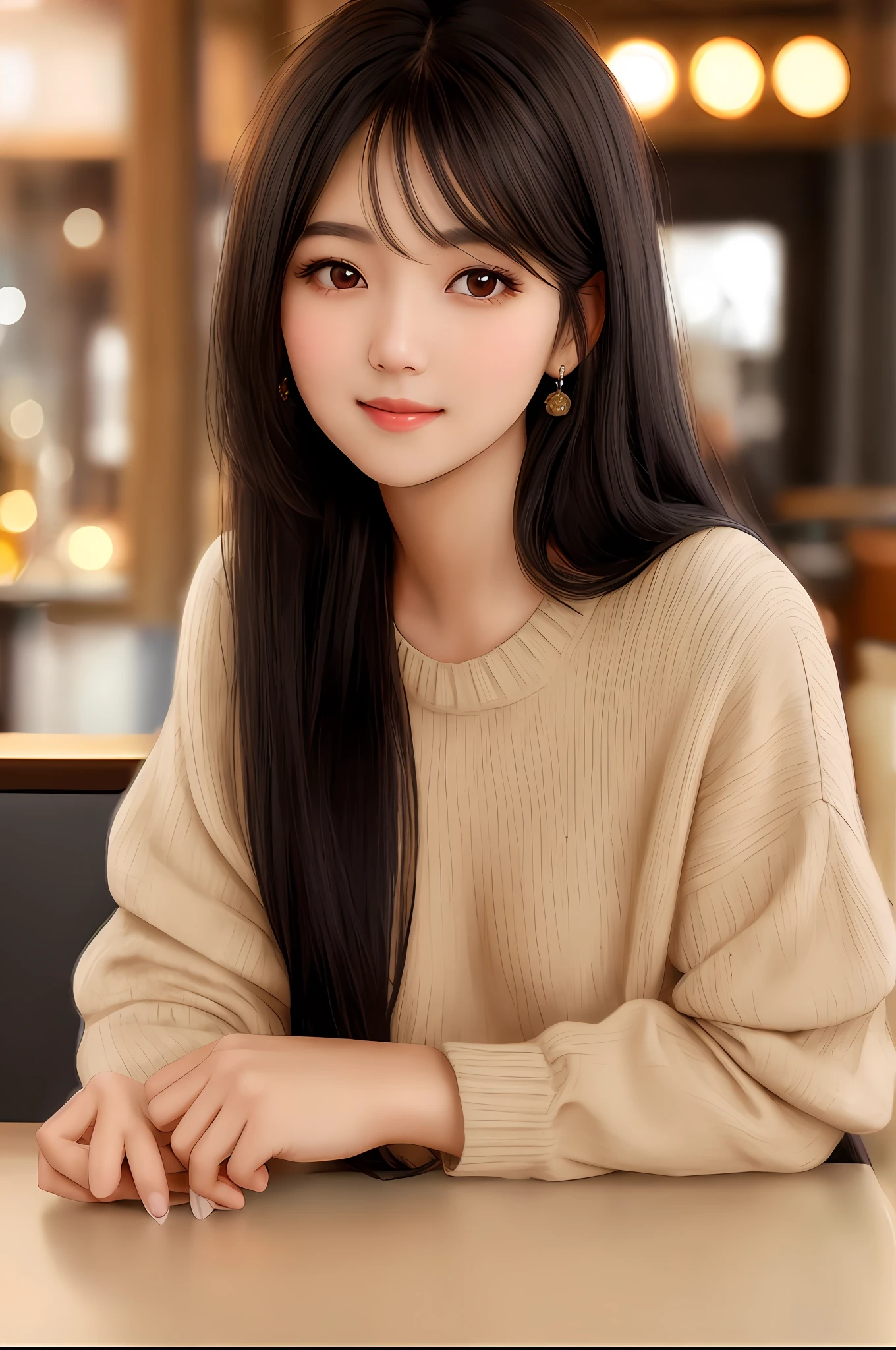 Cute black long straight hair brown eyes round face girl wearing brown sweater sitting in café drinking coffee, sunset, toothy smile without bangs, holding a poodle puppy in her arms