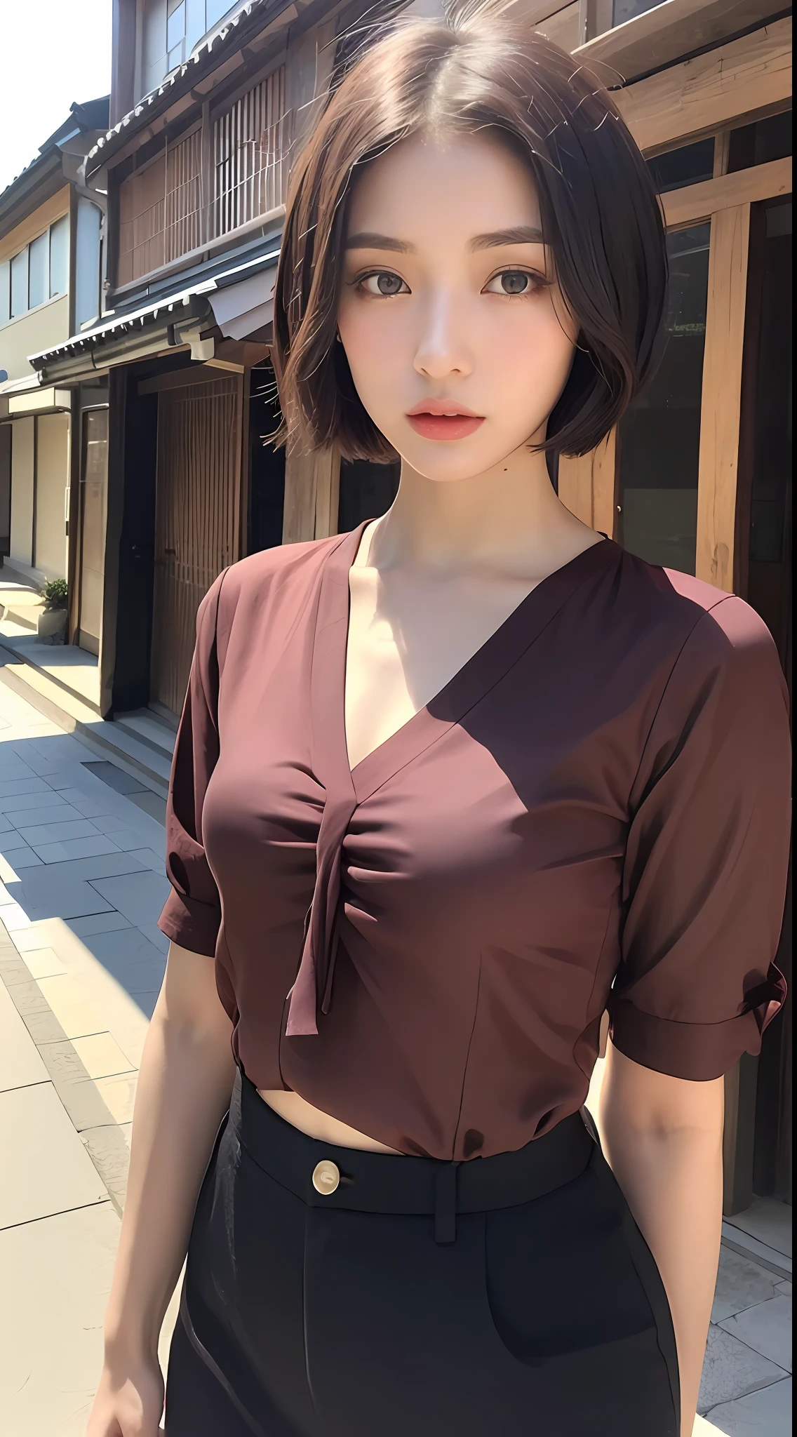 (Top Quality, 16k, Masterpiece: 1.3)), 1 Girl, Sharp Focus: 1.2, Beautiful Women with Perfect Figure: 1.4, Slender Abs: 1.2, (((Short Bob Hair)), ((Small: 1.4)), ((Beautiful Face Idol: 1.3)), (Blouse 1.5)), Very detailed face and skin texture, Detailed eyes, Double eyelids, (((Pause)), (Seductive)), walking, Kyoto Streetscape