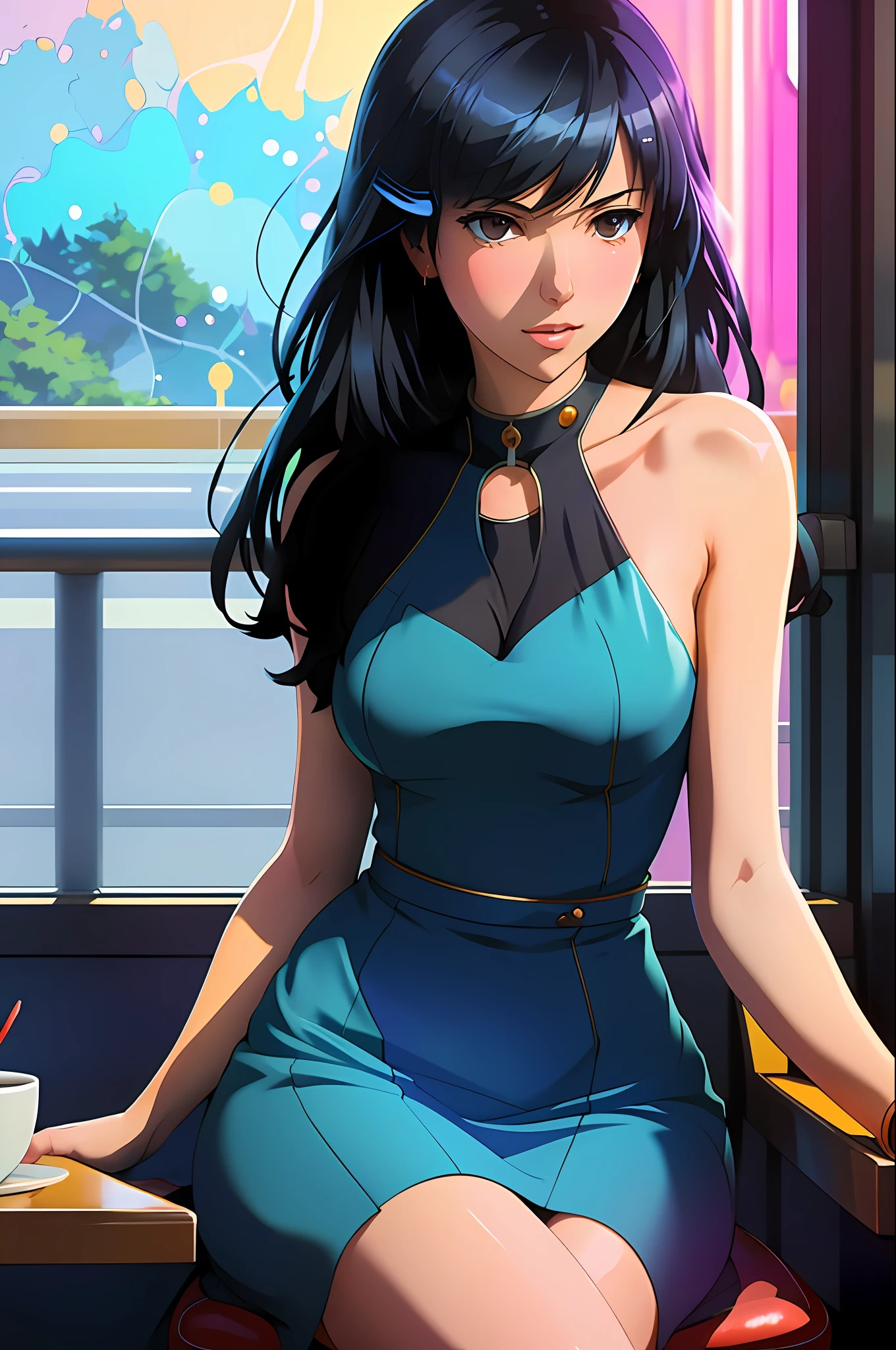 cute girl in blue dress black hair sitting psychedelic patterns inside cafe holding cup of coffee with background by greg rutkowski makoto shinkai kyoto animation key art feminine mid shot