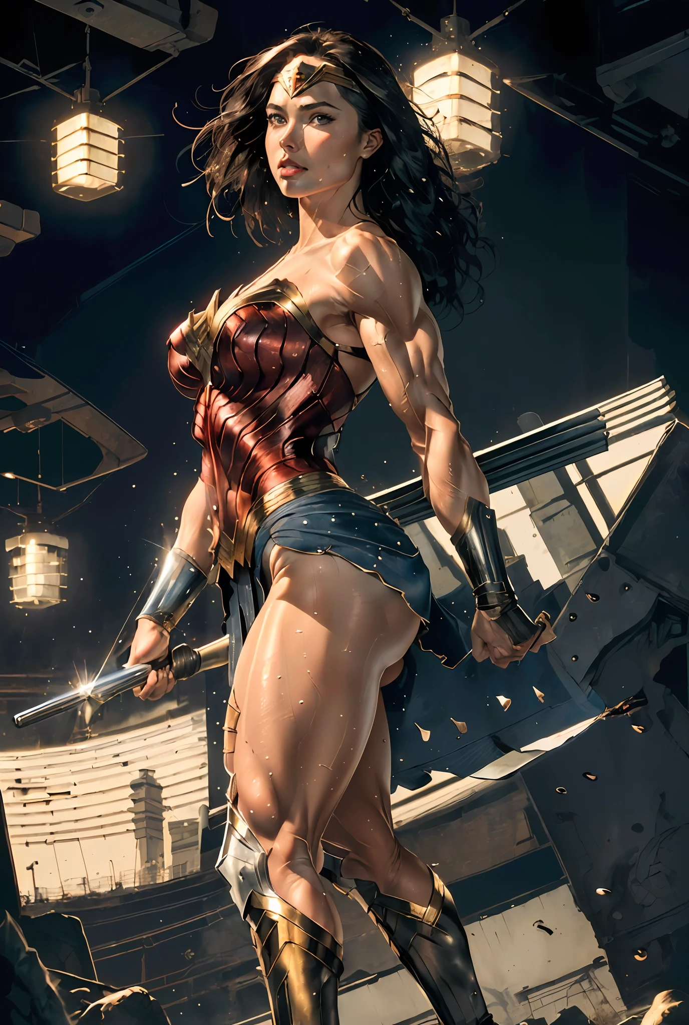 (Masterpiece, Top Quality),1girl ,{{Depth of field}}, Hyper detail, 1woman, (Victoria's Secret Model Wonder Woman), Single, Full Body, (Intricate Details, Makeup), (Delicate and beautiful delicate face, delicate and beautiful delicate eyes, face with perfect proportions), High-detail skin, delicate skin, Best proportions Four fingers and one thumb, strong and realistic blue eyes, realistic black hair, lips, makeup, natural skin texture, tiara, leotard, bulletproof cuffs, red boots, (public clothing:1.3), slightly sunburned, mature, sexy, elastic muscles, (muscles:1.3), ((strong and healthy body)), ((((((more) muscles))), wet body, wet hair, long legs, curves, thick thighs, wide buttocks, thin legs, (big breasts: 1.2), thin waist, soft waist, (delicate skin), (glossy skin), (beautiful and sexy woman), (swollen lips: 0.9), (eyelashes: 1.2), very delicate muscles definition, crossing arms behind the back posture, A dystopian ghettor controlled by local gangs armed with hacked police weapons such as LED panel lights, EMP blasters and taser shotguns arranged in a square shape to mimic existing interior fixtures, ((top quality)), ((masterpiece)), ((realistic)), (detailed),