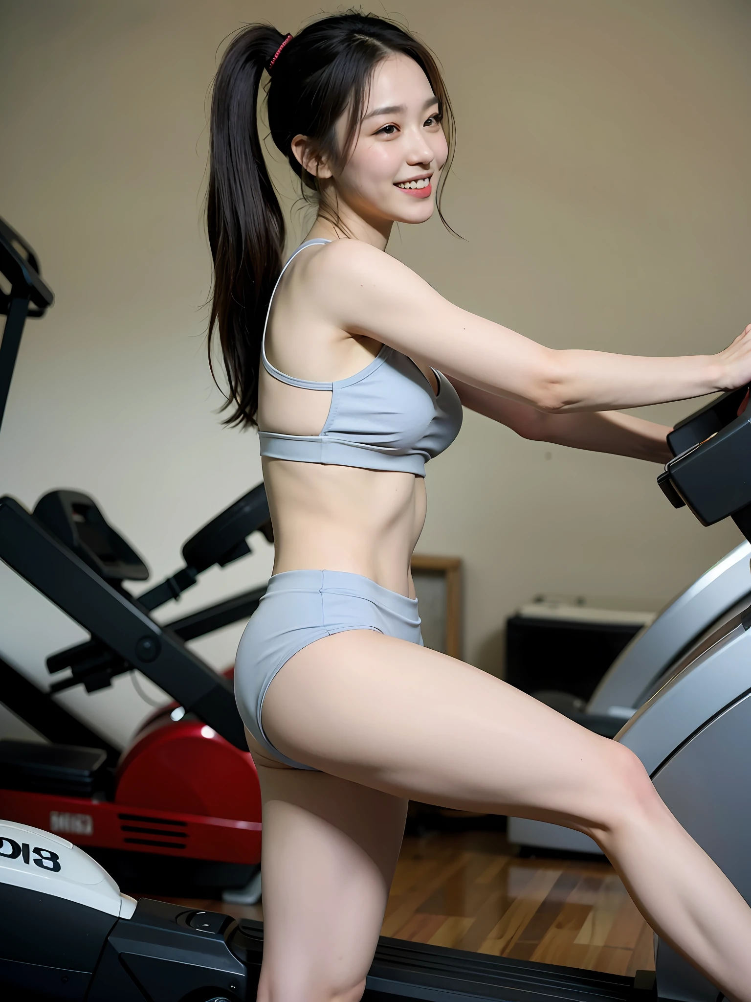 (Gym: 1.3), Sports bra, Sweatpants, No panties, (Full body: 1.0), Running on a treadmill, Long hair , (Realism: 1.4), (Best quality: 1.0), (Super resolution: 1.0), 8k, RAW photo, (Masterpiece: 0.2), Ultra detailed, 1 girl, Pale skin, Detailed skin, Looking at the viewer, From the side, giggling