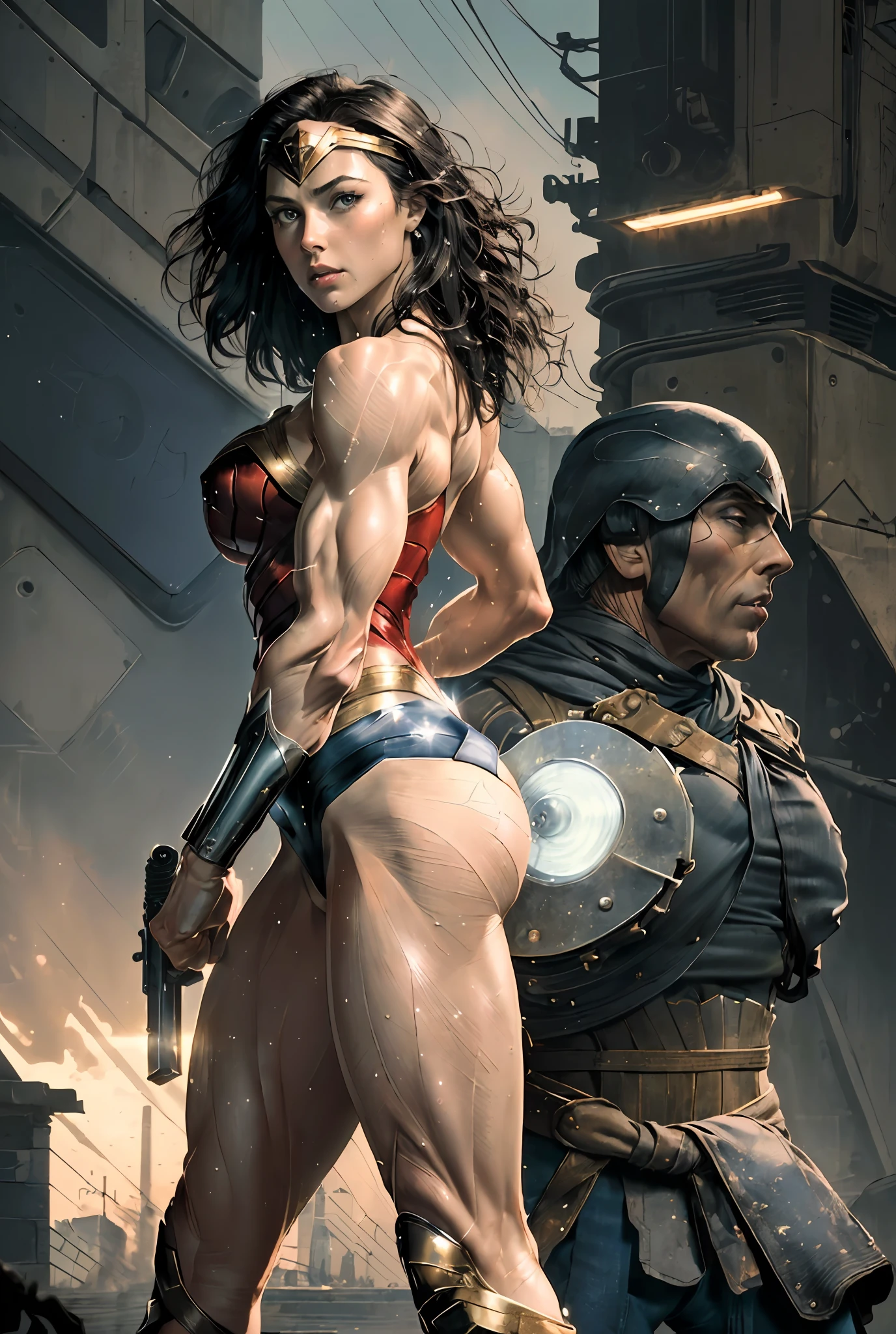 (Masterpiece, Top Quality),1girl ,{{Depth of field}}, Hyper detail, 1woman, (Victoria's Secret Model Wonder Woman), Single, Full Body, (Intricate Details, Makeup), (Delicate and beautiful delicate face, delicate and beautiful delicate eyes, face with perfect proportions), High-detail skin, delicate skin, Best proportions Four fingers and one thumb, strong and realistic blue eyes, realistic black hair, lips, makeup, natural skin texture, tiara, leotard, bulletproof cuffs, red boots, (public clothing:1.3), slightly sunburned, mature, sexy, elastic muscles, (muscles:1.3), ((strong and healthy body)), ((((((more) muscles))), wet body, wet hair, long legs, curves, thick thighs, wide buttocks, thin legs, (big breasts: 1.2), thin waist, soft waist, (delicate skin), (glossy skin), (beautiful and sexy woman), (swollen lips: 0.9), (eyelashes: 1.2), very delicate muscles definition, crossing arms behind the back posture, A dystopian ghettor controlled by local gangs armed with hacked police weapons such as LED panel lights, EMP blasters and taser shotguns arranged in a square shape to mimic existing interior fixtures, ((top quality)), ((masterpiece)), ((realistic)), (detailed),