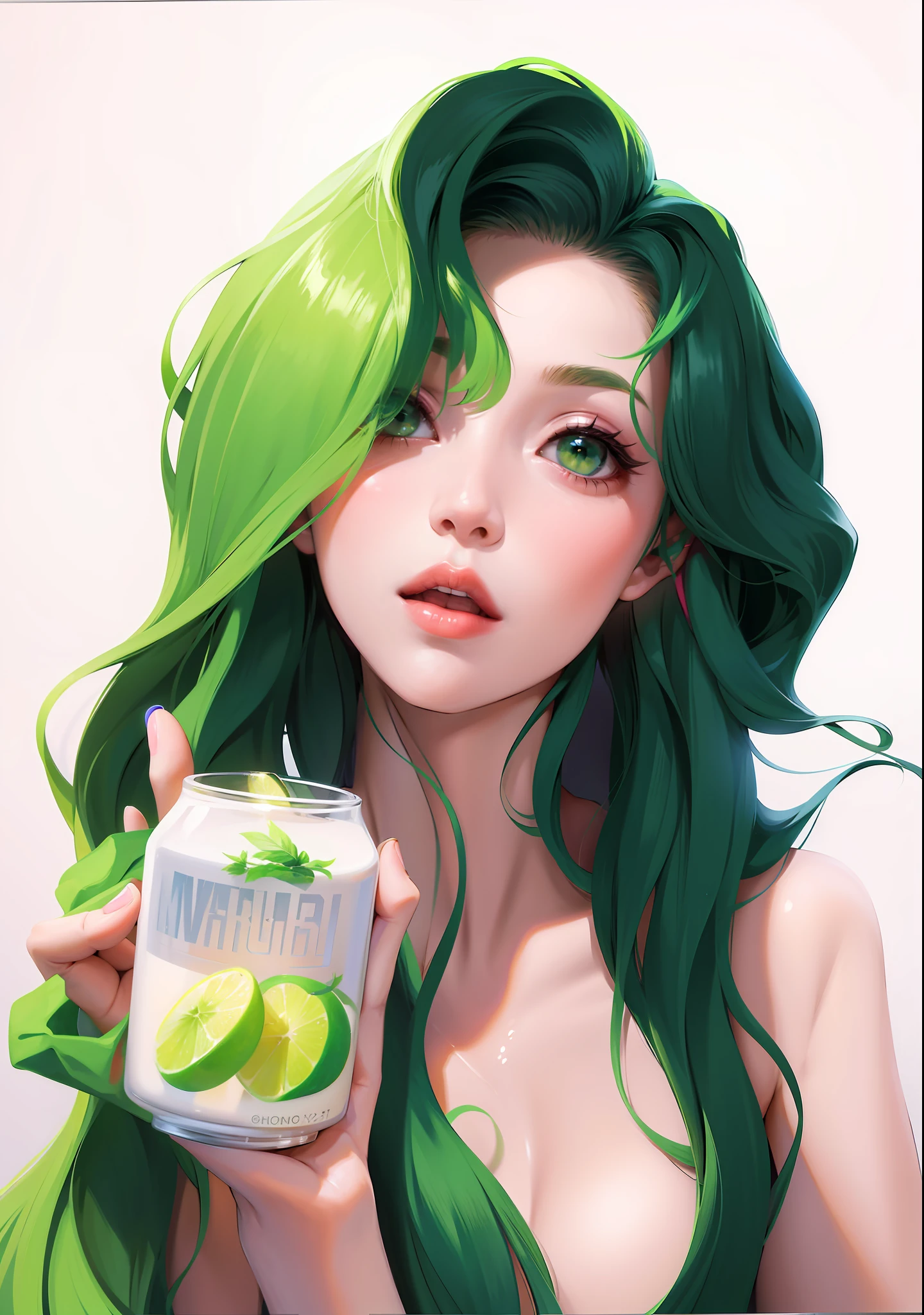 (Masterpiece, best quality: 1.2), good-looking girl, beautiful face, smooth skin, drink in hand, green hair