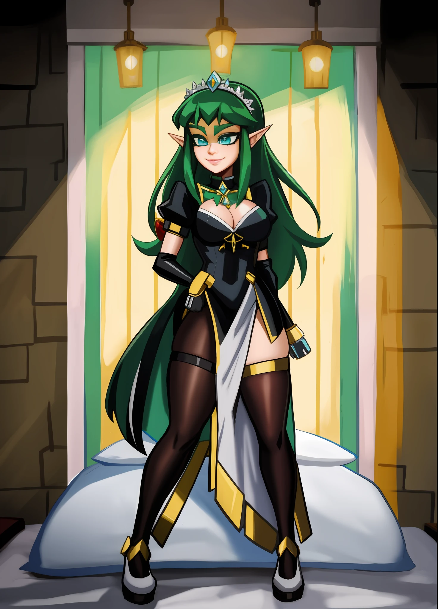 ((full body photo)), Princess Zelda in hybrid maid costume and Mega Man-X+ (black: 10.0), XL bust, very tight clothes on her body, she is exhibitionist, she is in a hotel all broken with the bed totally covered in blood, she has green hair, blue eyes, she is looking at the viewer with a macabre smile on her face, she's holding an exorcism artifact in her right hand, Anime-style, Unreal Engine 5, Mortal Kombat, Masterpiece, (16k:1.5)