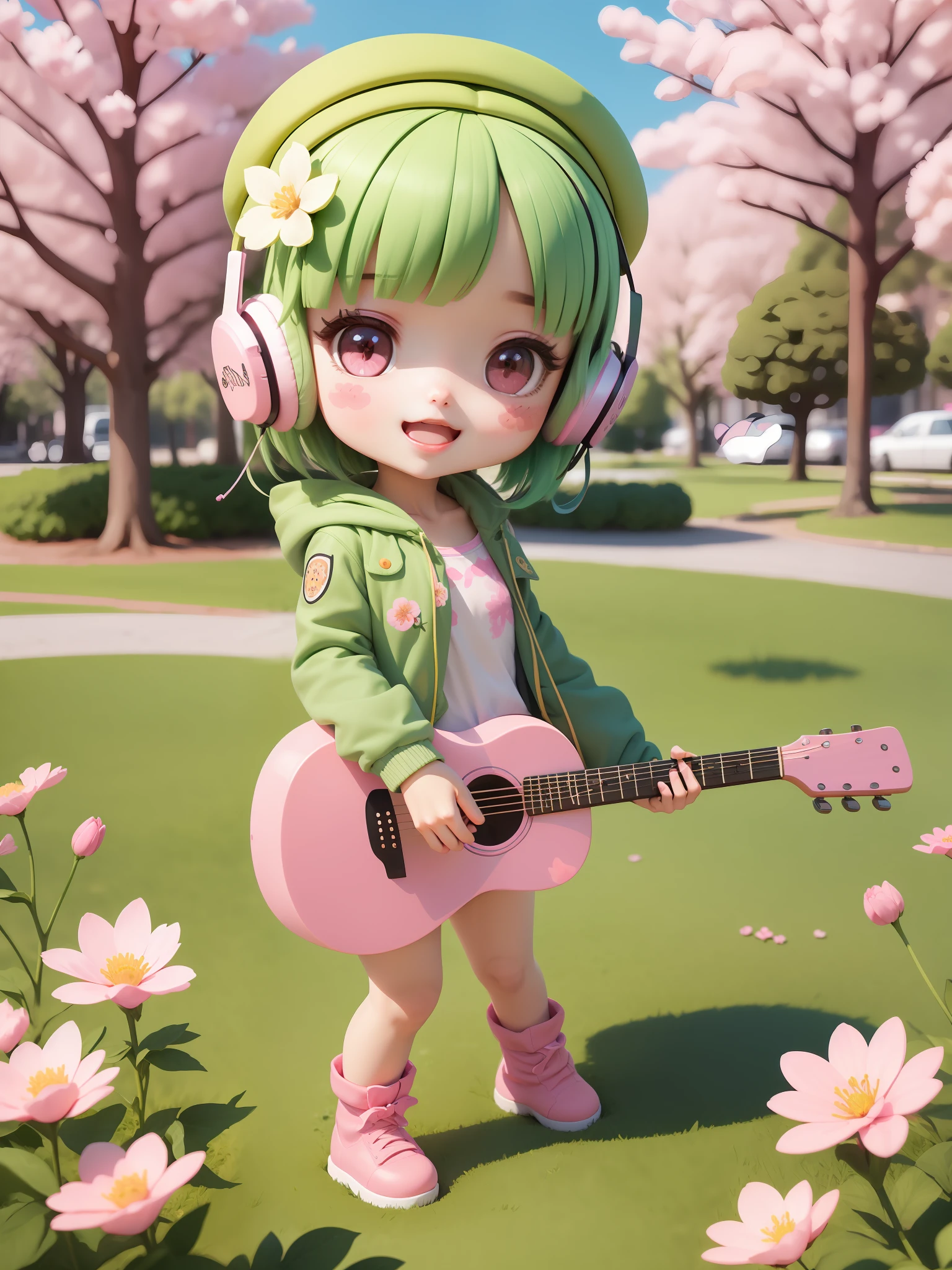 (masterpiece),(best quality),(ultra-detailed), (full body:1.2),
1girl,chibi,cute, smile, open mouth,
flower, outdoors, playing guitar, music, beret, holding guitar, jacket, blush, tree, :3, shirt, short hair, cherry blossoms, green headwear, blurry, pink hair, blush stickers, long sleeves, bangs, headphones, black hair, pink flower,
(beautiful detailed face), (beautiful detailed eyes),