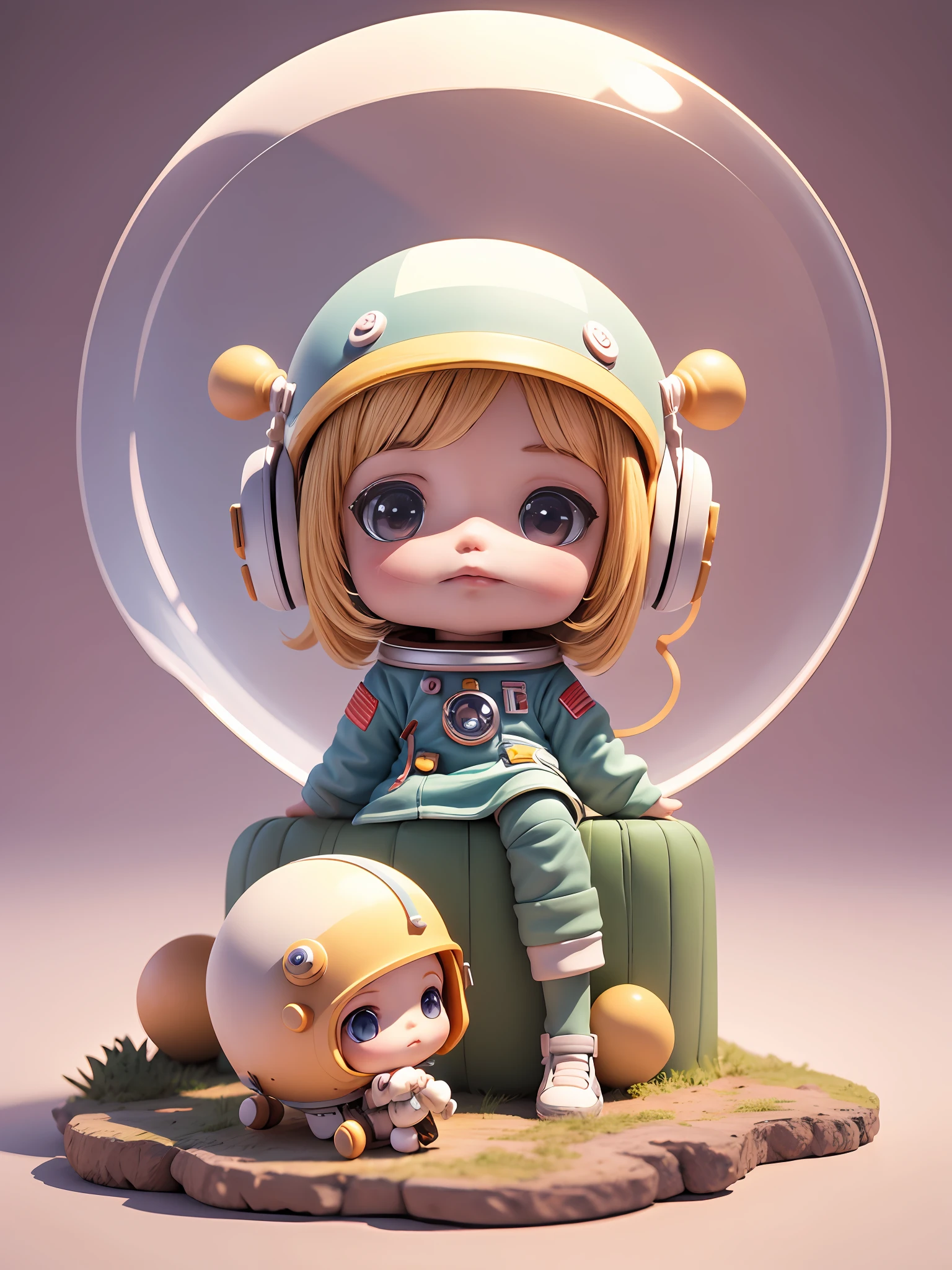 Toy with a little doll with a helmet, cute 3d render, cute detailed digital art, female explorer mini cute girl, cute digital painting, stylized 3d render, cute digital art, cute render 3d anime girl , the little astronaut looks up, cute! c4d, portrait anime space cadet girl, sitting on a white pedestal