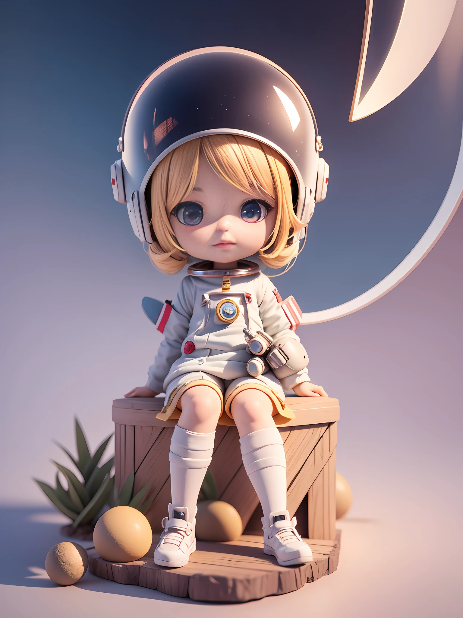 Toy with a little doll with a helmet, cute 3d render, cute detailed digital art, female explorer mini cute girl, cute digital painting, stylized 3d render, cute digital art, cute render 3d anime girl , the little astronaut looks up, cute! c4d, portrait anime space cadet girl, sitting on a white pedestal