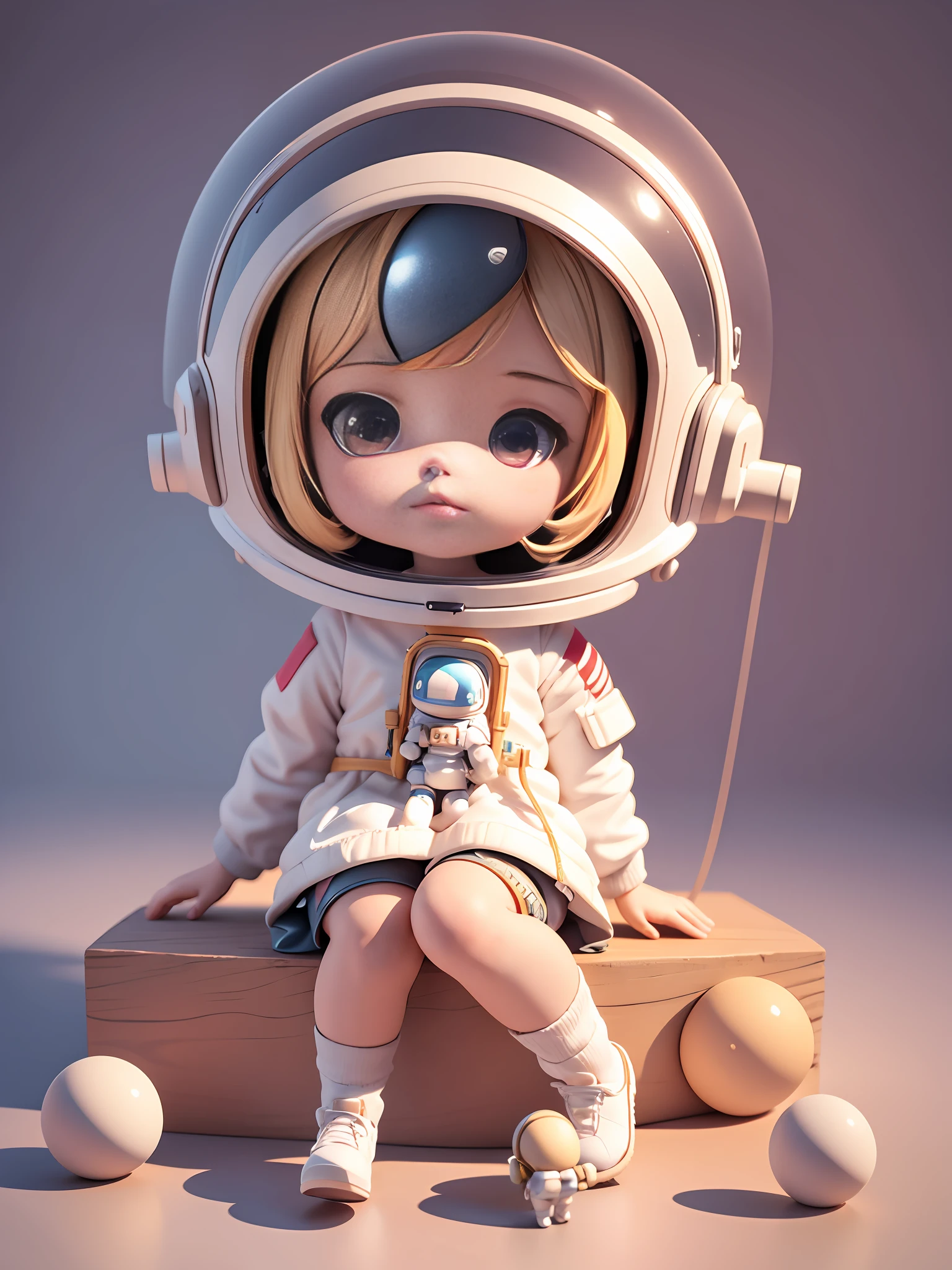 Toy with a little doll with a helmet, cute 3d render, cute detailed digital art, female explorer mini cute girl, cute digital painting, stylized 3d render, cute digital art, cute render 3d anime girl , the little astronaut looks up, cute! c4d, portrait anime space cadet girl, sitting on a white pedestal