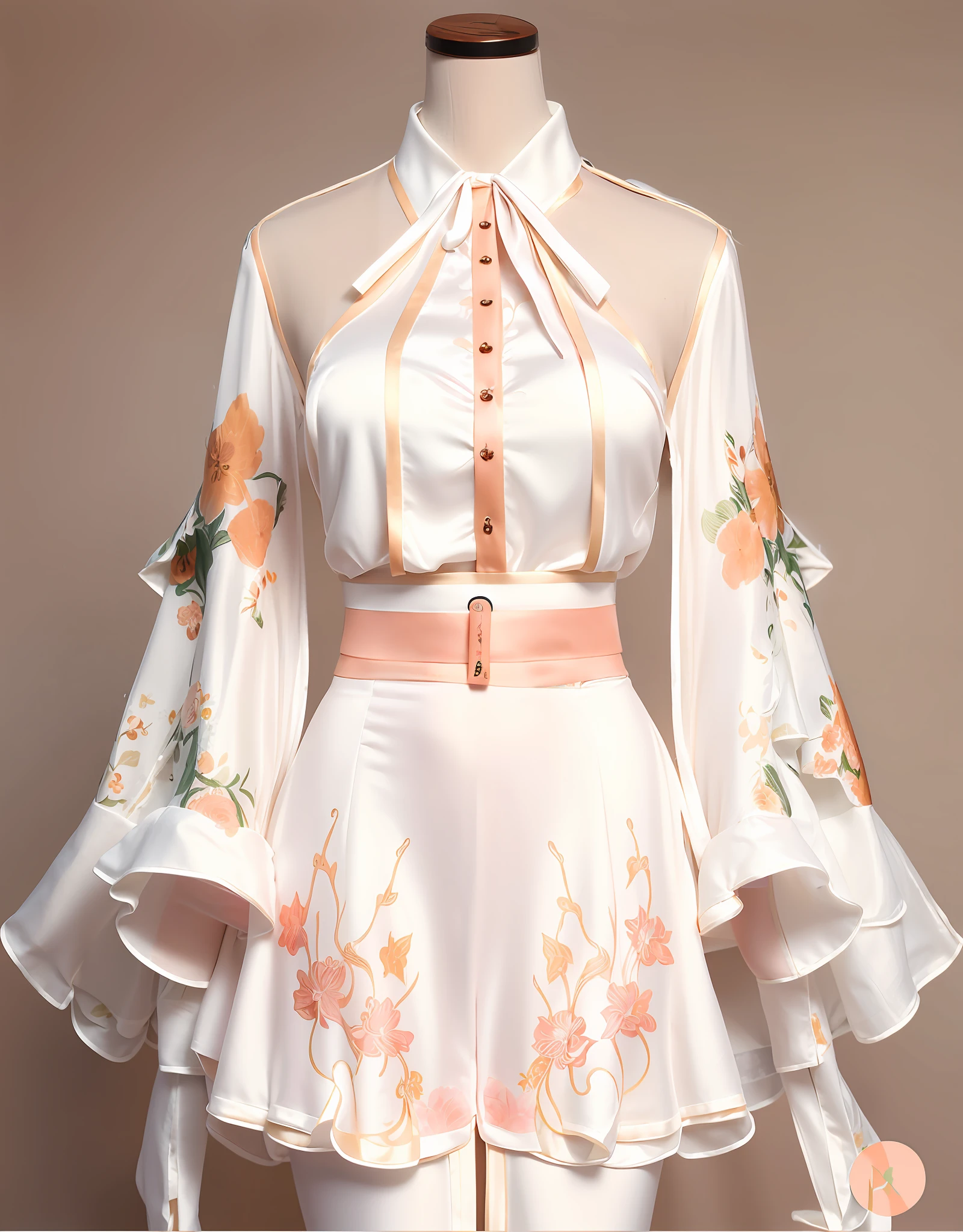 Close-up of dress on mannequin with flowers, white hanfu, ink danqing, fantasy style clothing, chinese clothing, hanfu, traditional chinese clothing, flowing peach blossom silk, clothing design, smooth white tight clothing suit, inspired by puhua, realistic clothing