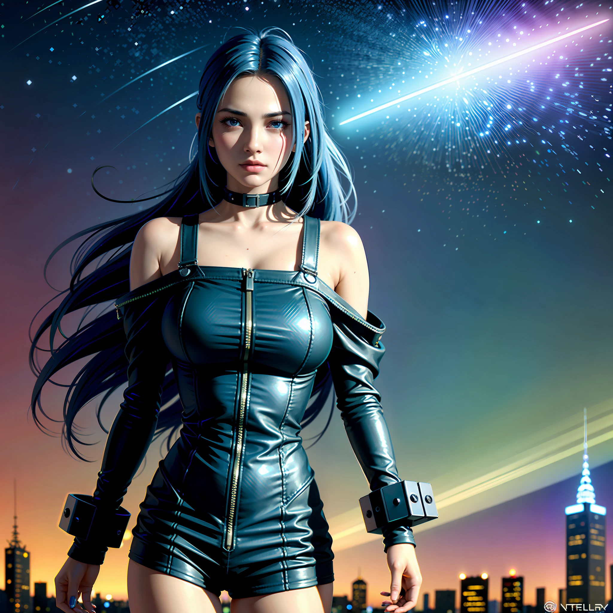 (masterpiece), best quality, ultra high res,little girl, cyberpunk 1girl flying above stunning cityscape ,hoodie,blue hair, neon color shooting stars, very long hair, off shoulder, feather hair ornament, neon colors, flashes, stunning night sky, cinematic lighting, photorealistic, realistic skin, HDR,fisheye