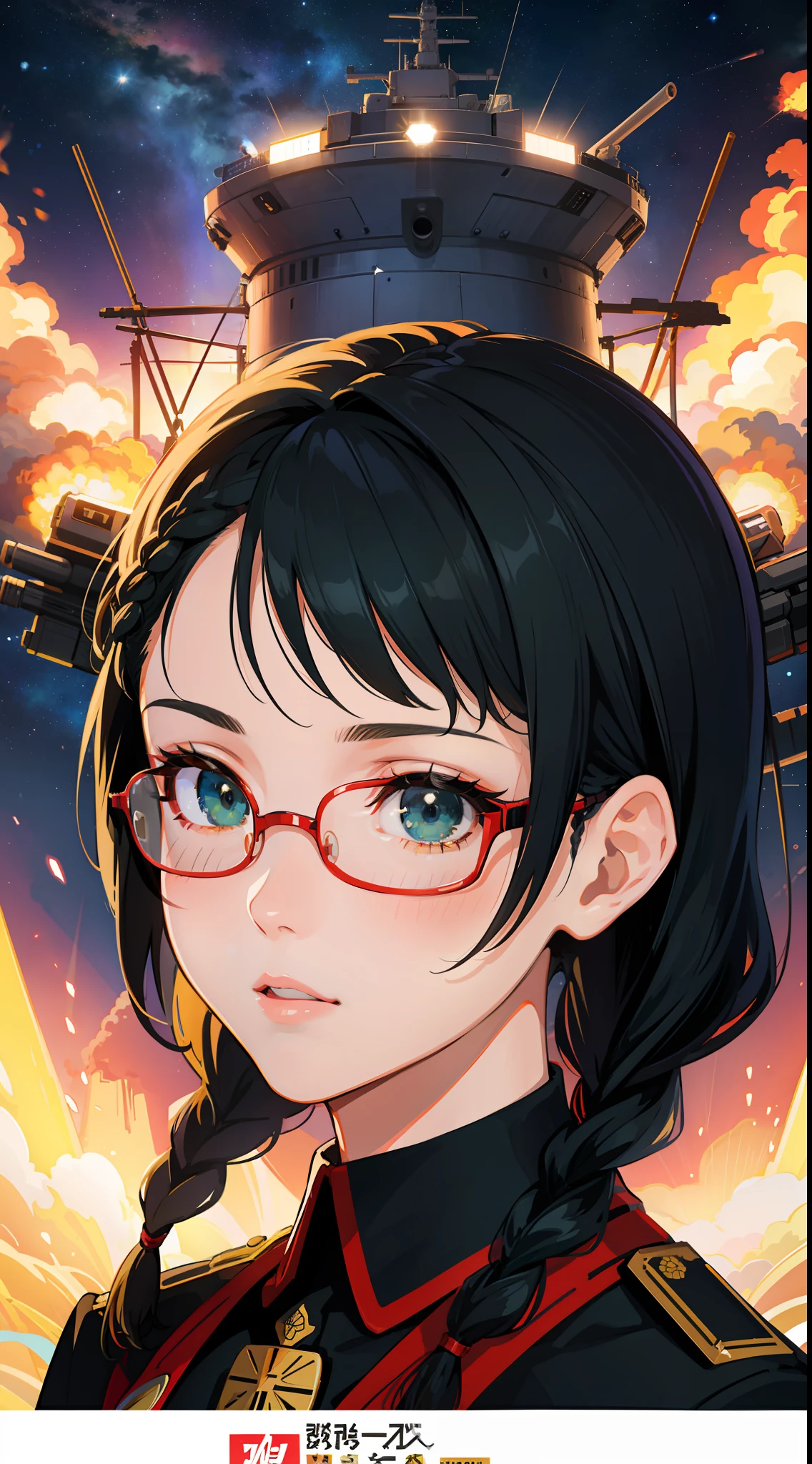 Movie Poster,((Braid Hairstyle : 1.5)),Anime Reference 86 ,Science Fiction,Sci-Fi,Movies,War Action Movies,Space,Atmosphere,Sky,Battleship,Multiple Characters,Women,Adults,Green Eyes,Black Hair,(Pia bangs hairstyle) : 1.8 ),(Red Glasses),General Uniform,White Commander Uniform,Realistic Face Details,Realism,3D Face,