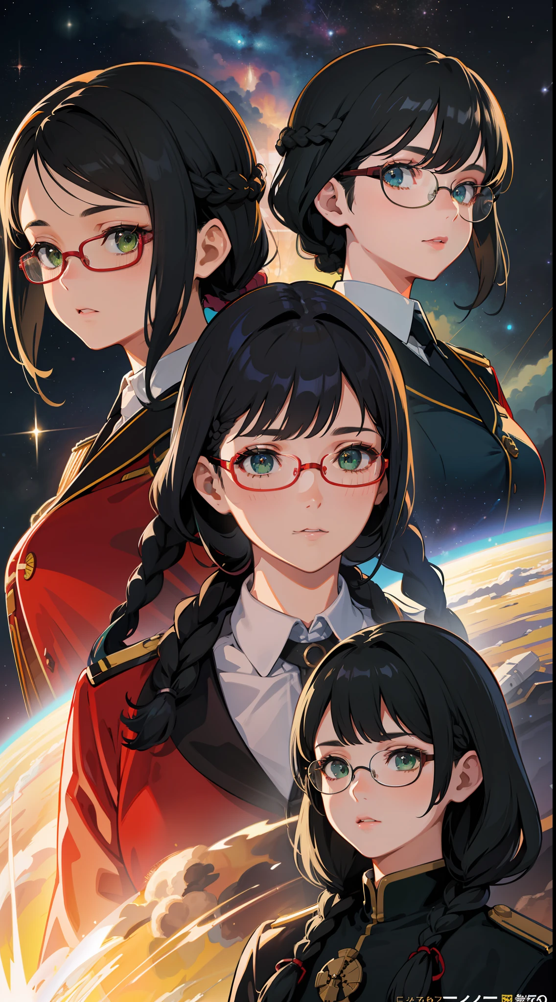 Movie Poster,((Braid Hairstyle : 1.5)),Anime Reference 86 ,Science Fiction,Sci-Fi,Movies,War Action Movies,Space,Atmosphere,Sky,Battleship,Multiple Characters,Women,Adults,Green Eyes,Black Hair,(Pia bangs hairstyle) : 1.8 ),(Red Glasses),General Uniform,White Commander Uniform,Realistic Face Details,Realism,3D Face,