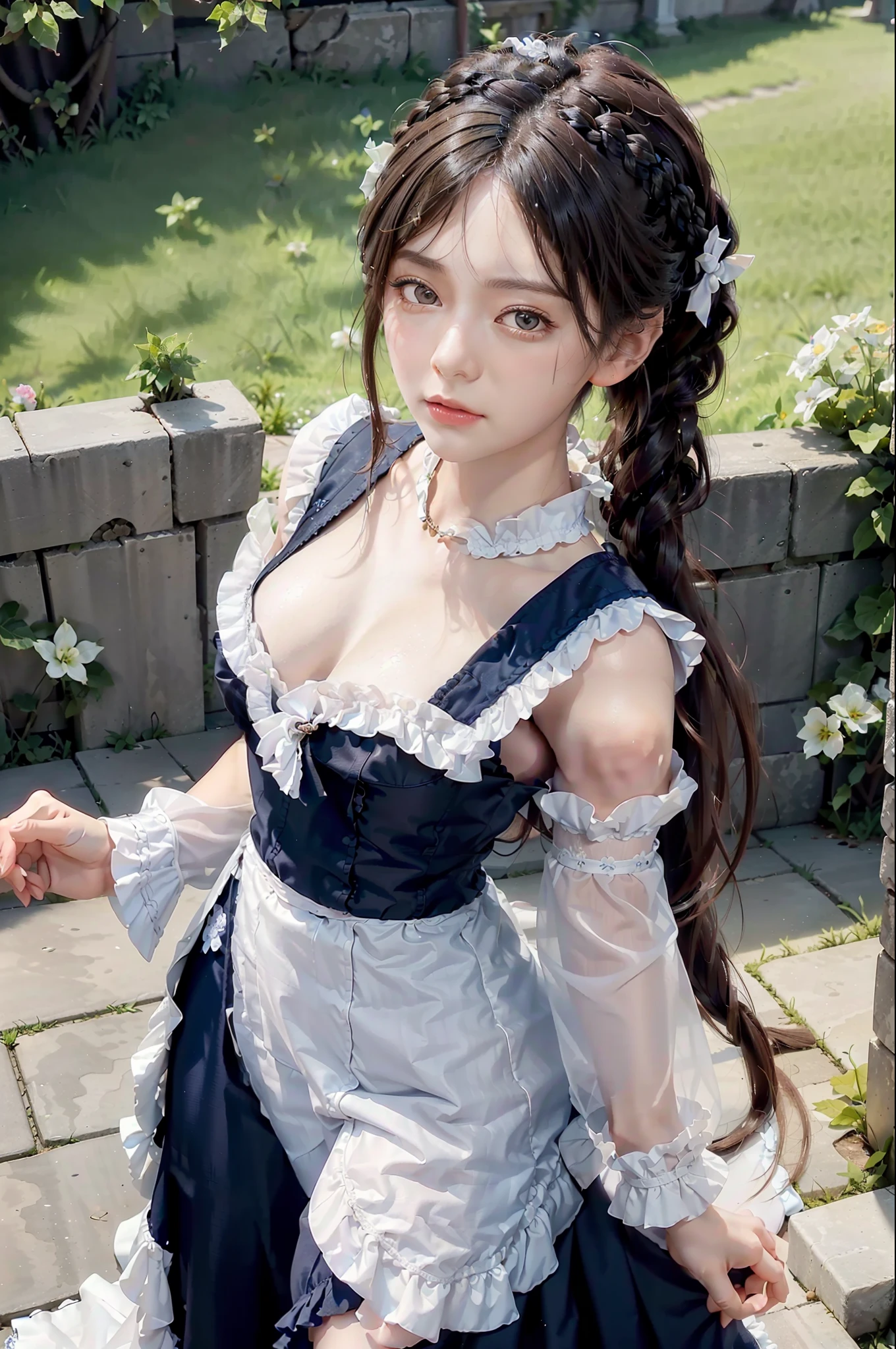 Best quality, super high resolution, photo reproduction, medium size, sexy girl, photo of a beautiful woman, 20yo age age, detailed face, black Dutch braid with twist, (detailed porcelain doll, delicate clothes with lots of frills and ribbons), mansion pool, (face close-up), seductive look, look at the viewer