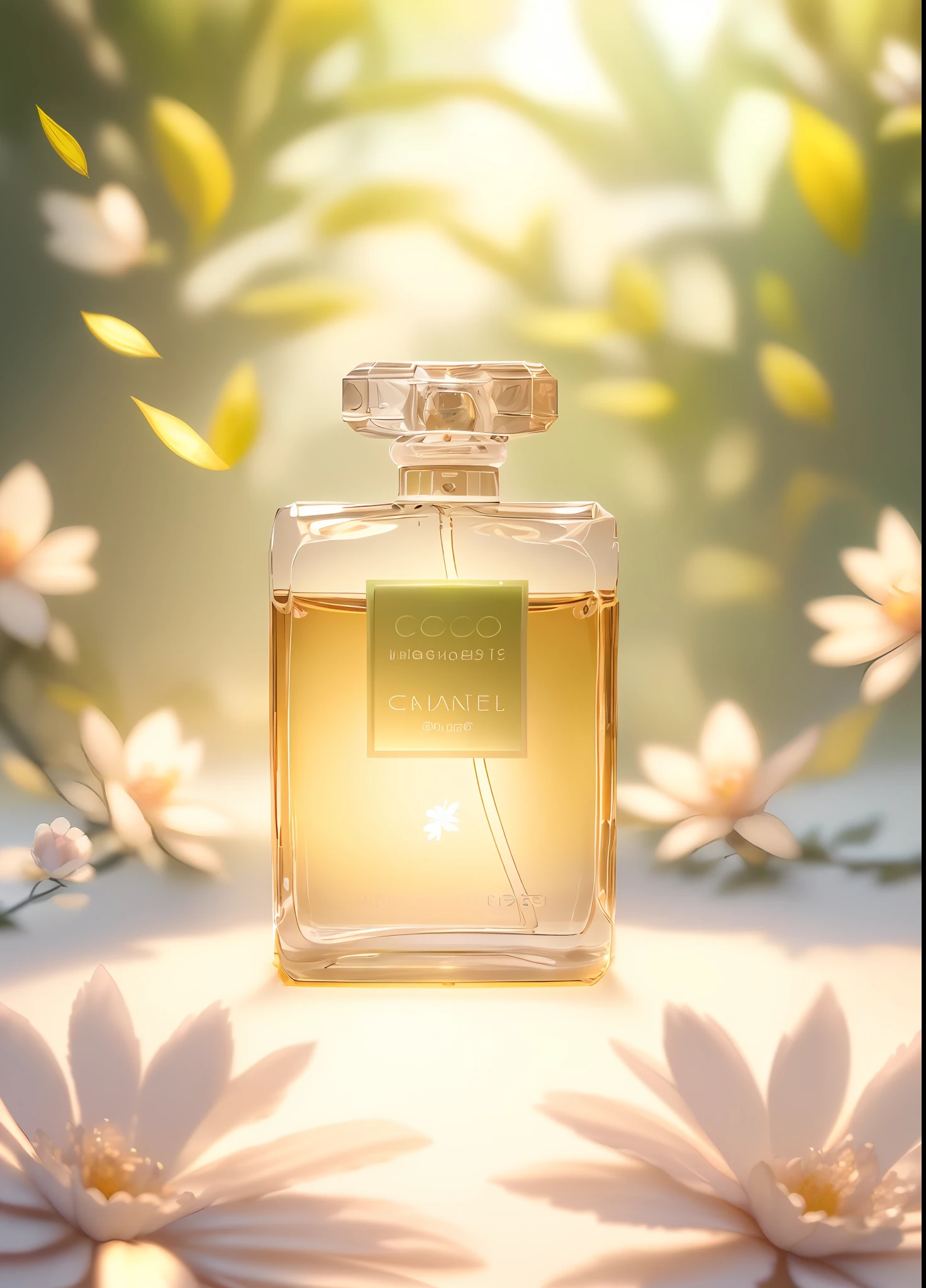 Masterpiece, best quality, (very detailed CG unified 8k wallpaper) (best quality), (best illustration), (best shadow) Nature Valley Delicate foliage Petals of various colors falling in the air Ray tracing, ultra detailed, label white, background solid color, yellow soft light irradiation, perfume bottle is made of glass --v6