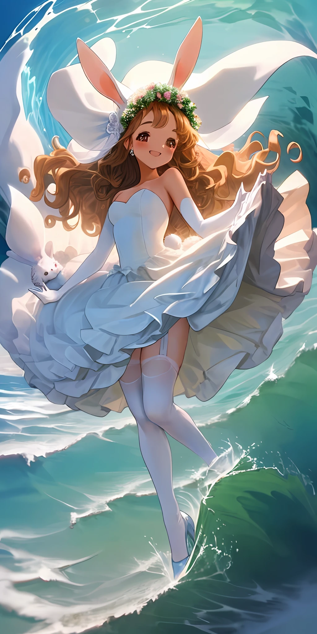 Beautiful girl, rabbit, wedding dress, white stockings, waves, smile
